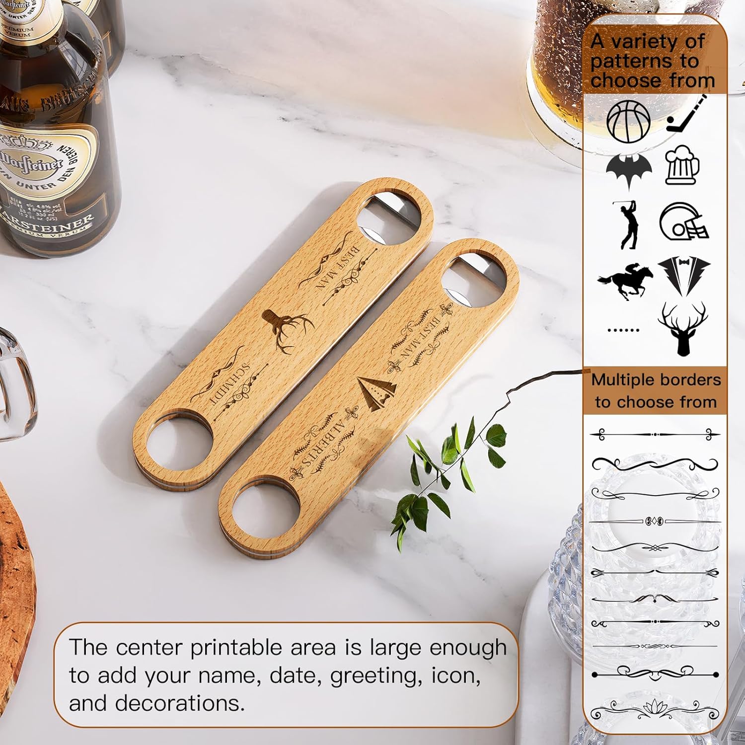 3PCS Personalized Wooden Bottle Opener,Groomsmen Best Man Gifts for Wedding Bachelor Party,Engraved Gifts for Father, Grandfather, Bartender, Customised Patterns and Text.Bar Blades Bottle Opener.