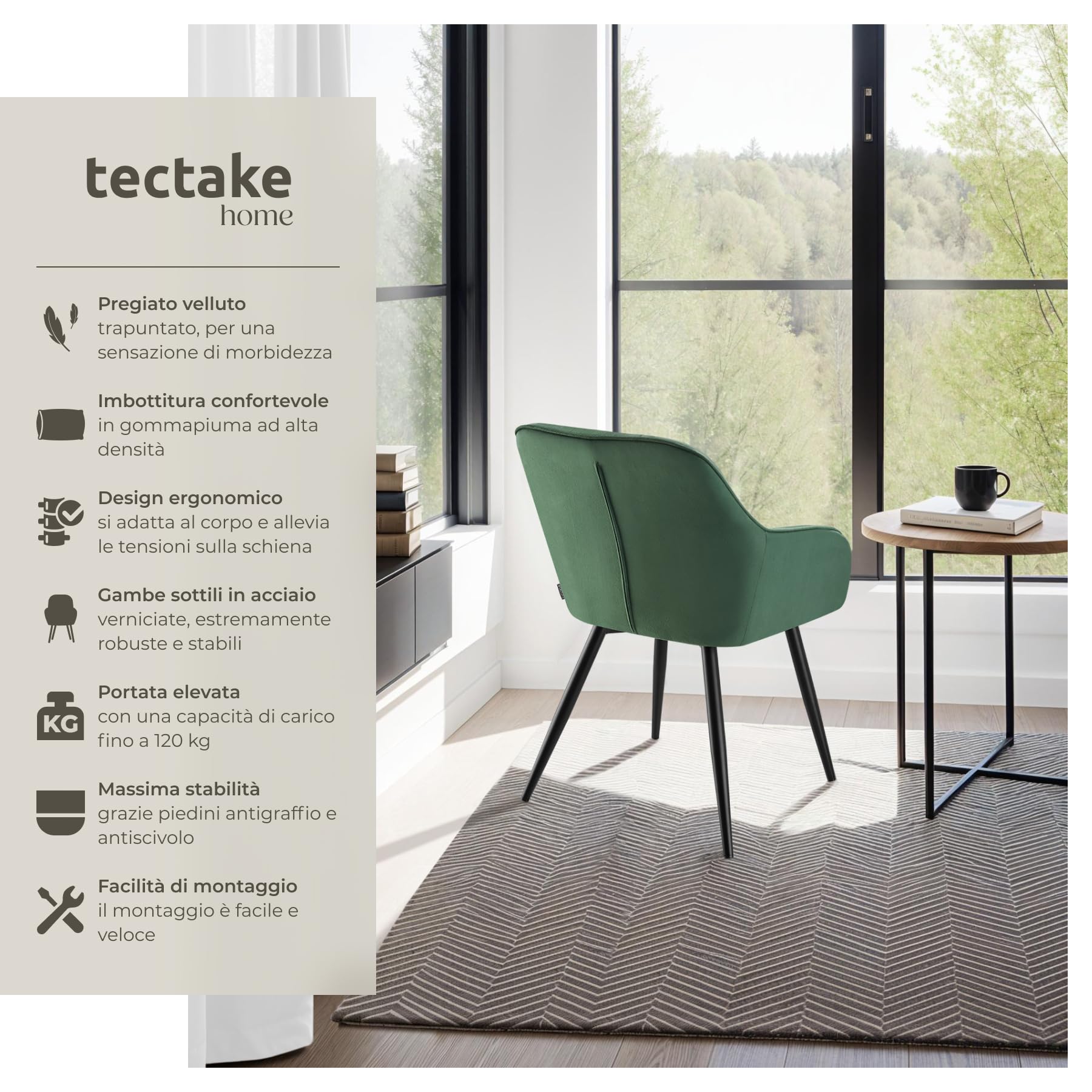 tectake® Sedie da Pranzo Effetto Velluto Trapuntato, Elegante, Imbottitura Schiuma Alta Densità, Gambe in Acciaio, Montaggio Semplice - Verde Scuro/Nero, 1 Sedia
