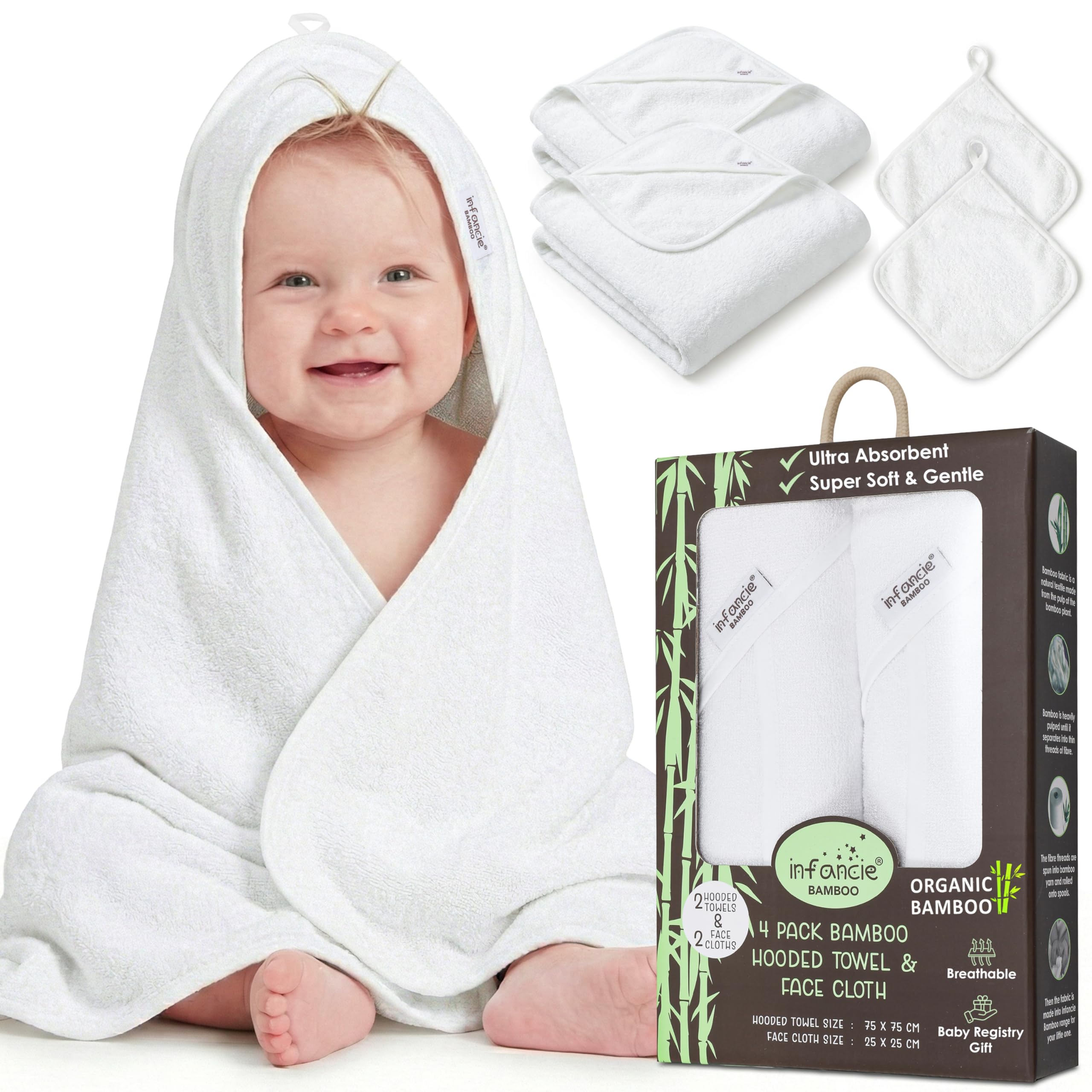 infancie Hooded Baby Towel - Ultra Soft Bamboo Bath Towel for Infant and Baby, Quick-Dry & Hypoallergenic Baby Towel with Hood - Breathable & Absorbent Baby Essentials - 2 Hood + 2 Face Cloth