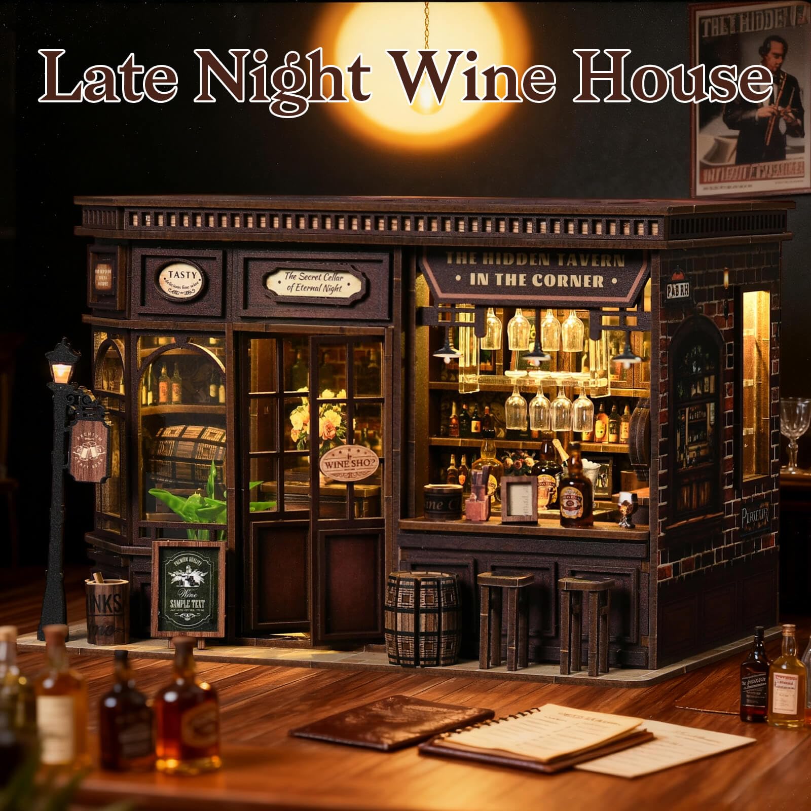 Książka Nook Miniaturowe puzzle do samodzielnego wykonania, drewniane puzzle z narożną tawerną, 3D, domek dla lalek w stylu vintage, pub, z lampkami LED, dekoracja barowa do domu i domu