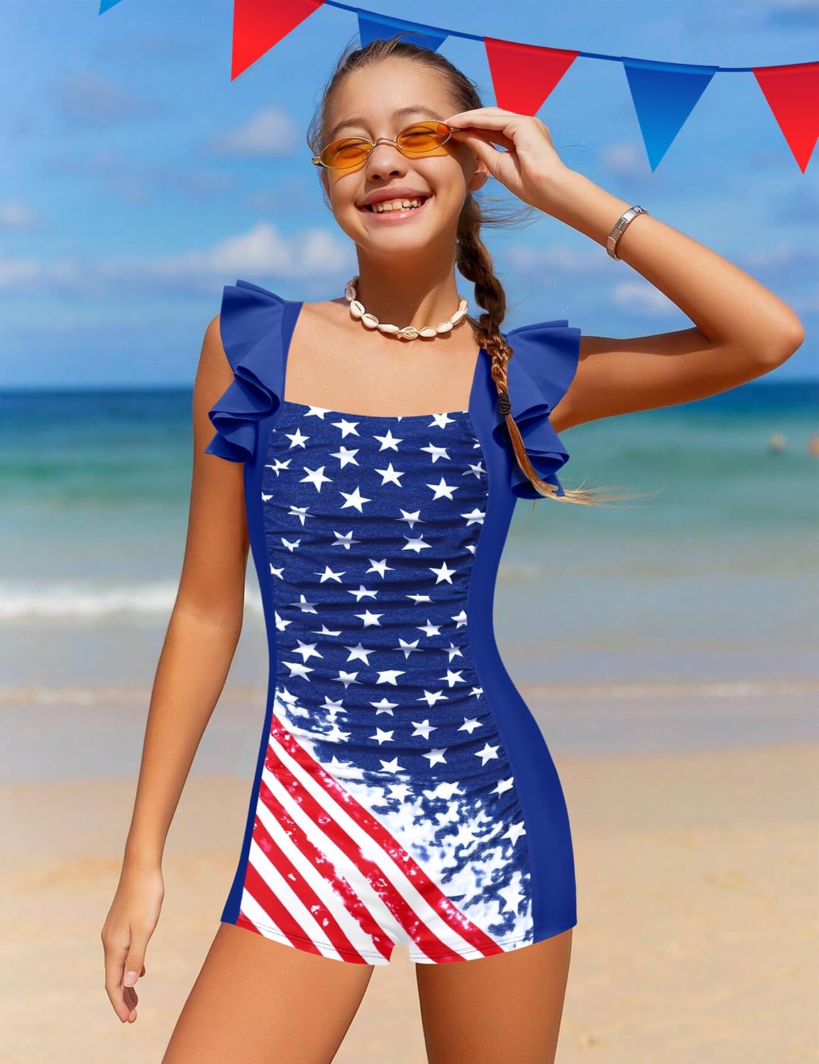 Girls Swimsuit Ruffle Solid One Piece Bathing Suits 7-18 Years image 2