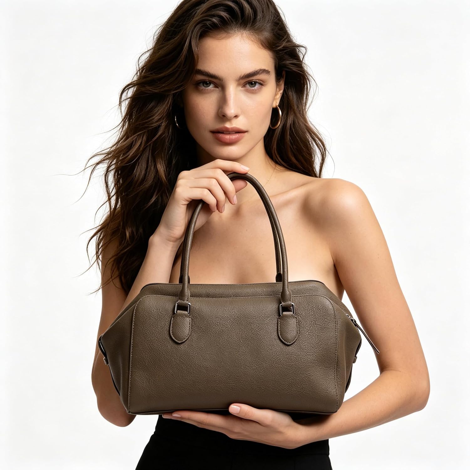 Women Genuine Leather Top Handle Tote Bag Large Capacity Pebbled Cowhide Shoulder Handbag with Side Zipper Pocket.