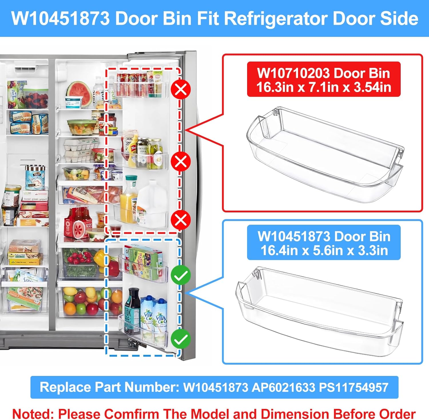 [2 PACK]UPGRADED WPW10451873 Refrigerator Door Bin Shelf, Compatible With Kenmore Whirlpool Refrigerator Door Shelf Replacement W10451873 WRS571CIHZ WRS571CIDM WRS576FID WRS586FLD Shallow Door Bin
