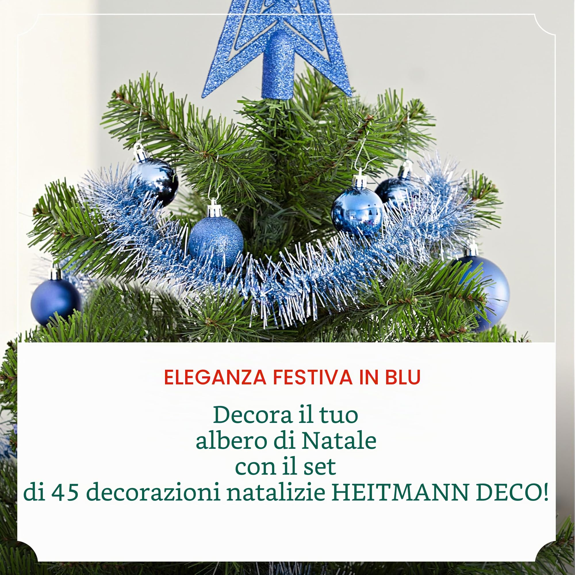 HEITMANN DECO - Addobbi per albero di Natale, colore blu, 45 pezzi, con puntale, palline, catene di perle e ghirlande, in plastica
