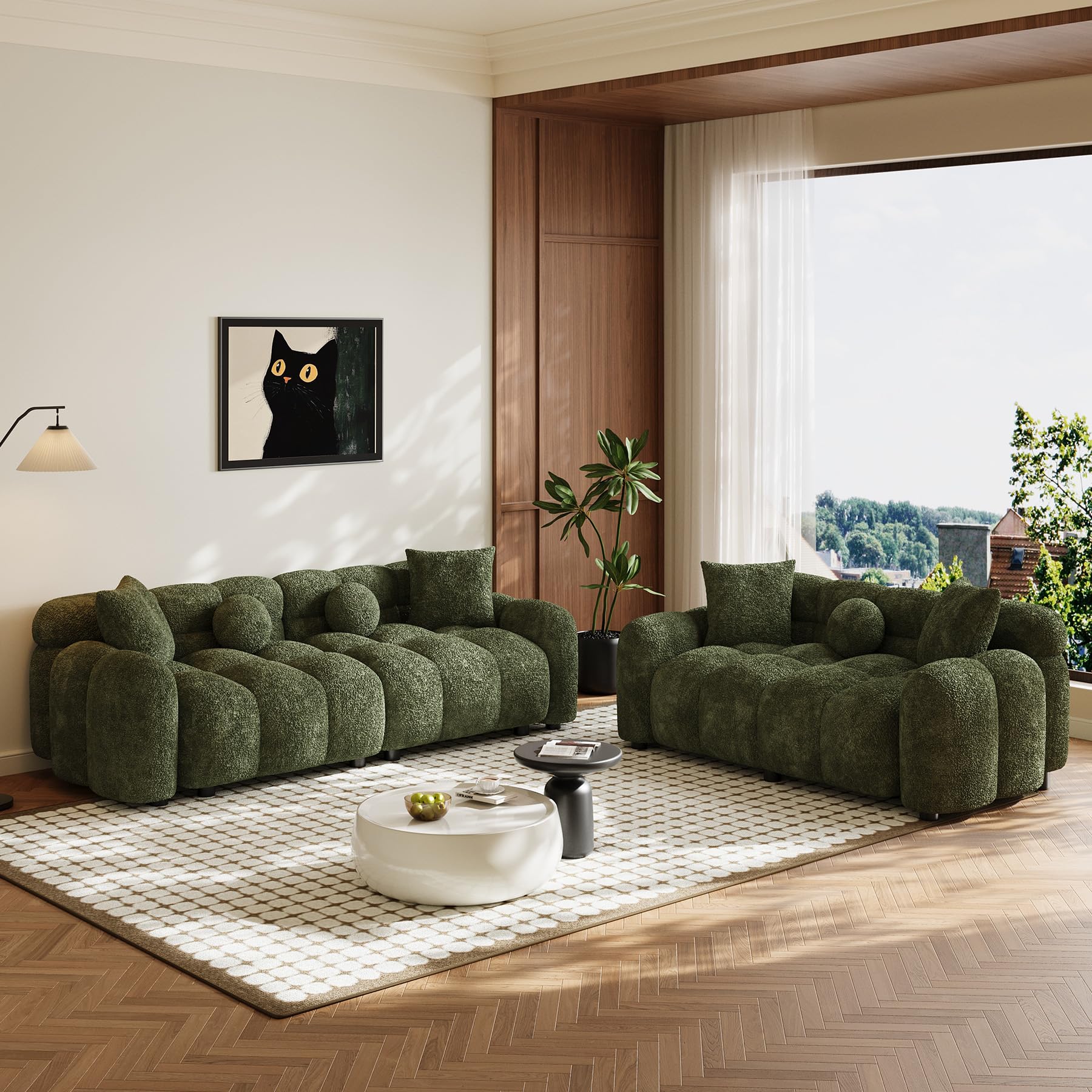 Wrofly 2 Piece Boucle Sofa Set, Comfy Tufted Upholstered Teddy Deep Seat Cloud Couch, Cozy Sherpa 3 Seater Sofa & 2 Seater Loveseat, Modern Living