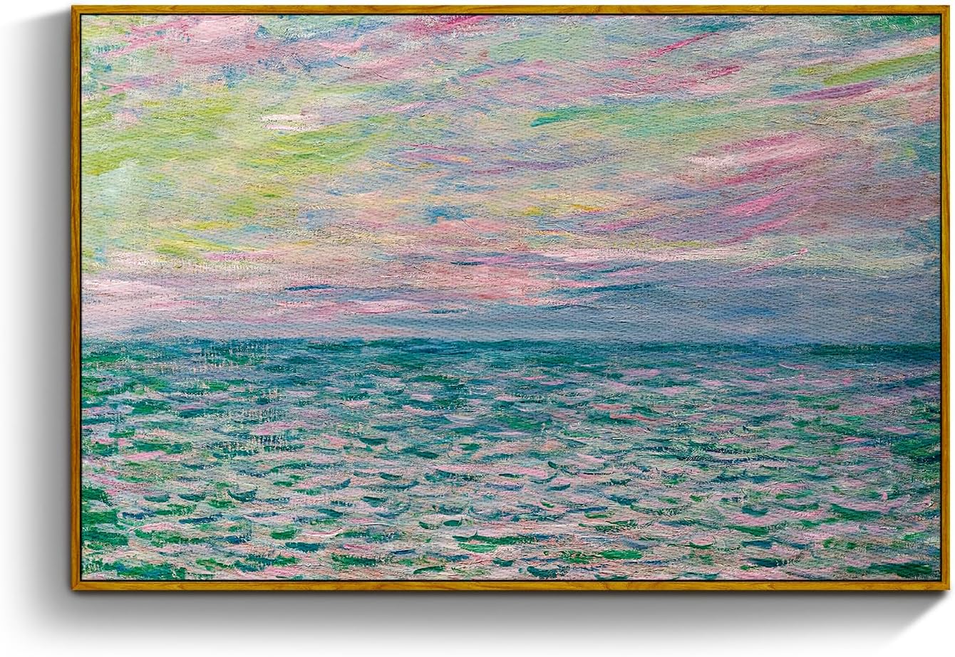 crmotu Framed Canvas Wall Art, Ocean Sunset Vintage Landscape Painting, Sea Dusk Aesthetic Art Prints, Abstract Nature Pictures Wall Decor Living Room Bathroom Bedroom Farmhouse Office Artwork 16x24in 16L" x 24W" Sunset at Pourville