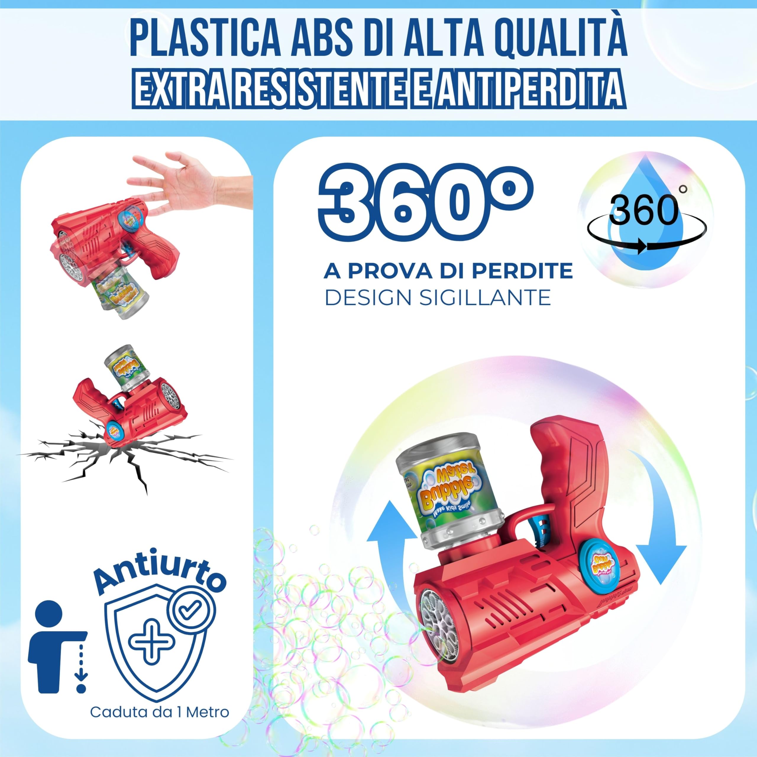 Blubbel Sparabolle di Sapone LED, Pistola Giochi, Macchina Automatica, Bubble Gun, Cannone d’Aria, Giocattolo Matrimonio, Regalo Estivo Bambini, 120ml Liquido Incluso