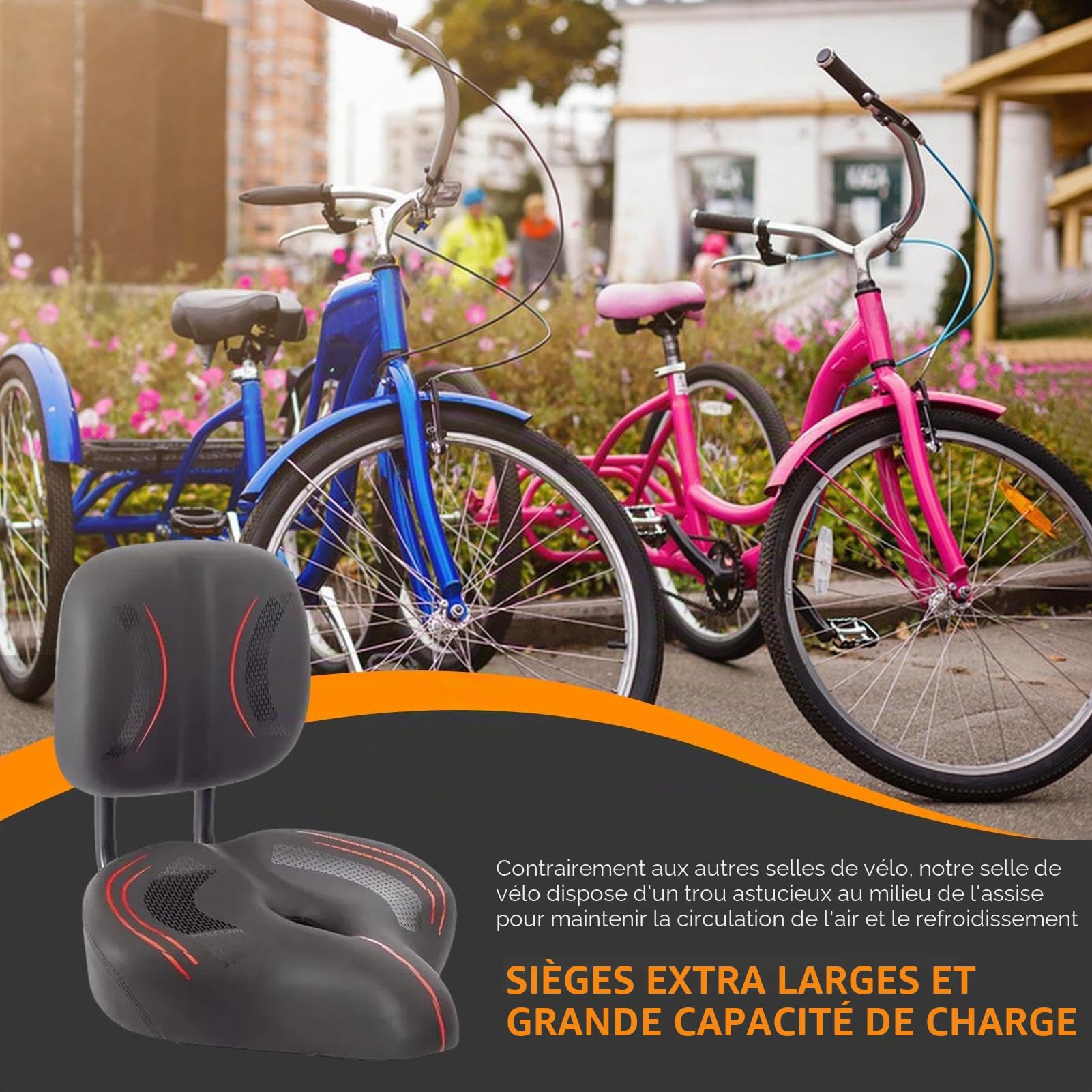 Siège Bikee à dossier - Siège Bikee large, siège Bikee confort | Siège de vélo avec selle de dossier souple, siège de tricycle à batterie électrique, coussin de siège large élargi pour support dorsal,