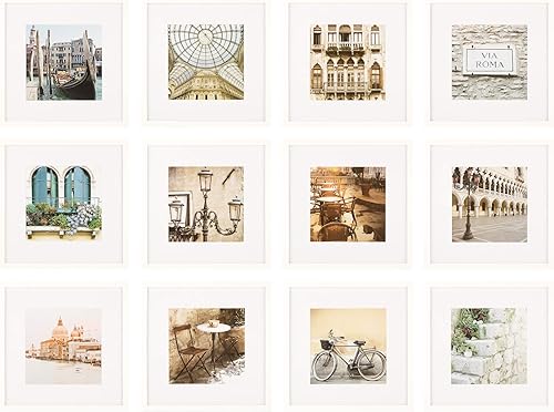 Gallery Perfect Kit de pared de galería con marco de fotos cuadrado blanco de 12 piezas con impresiones artísticas decorativas y plantilla colgante