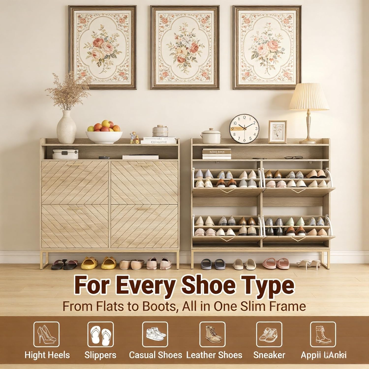 SIDUCAL Slim Narrow Shoe Cabinet with 4 Flip Drawers – Freestanding Shoe Storage Organizer for Entryway, Ultra Thin Fluted Panel Design for Hallway & Foyer (Oak)