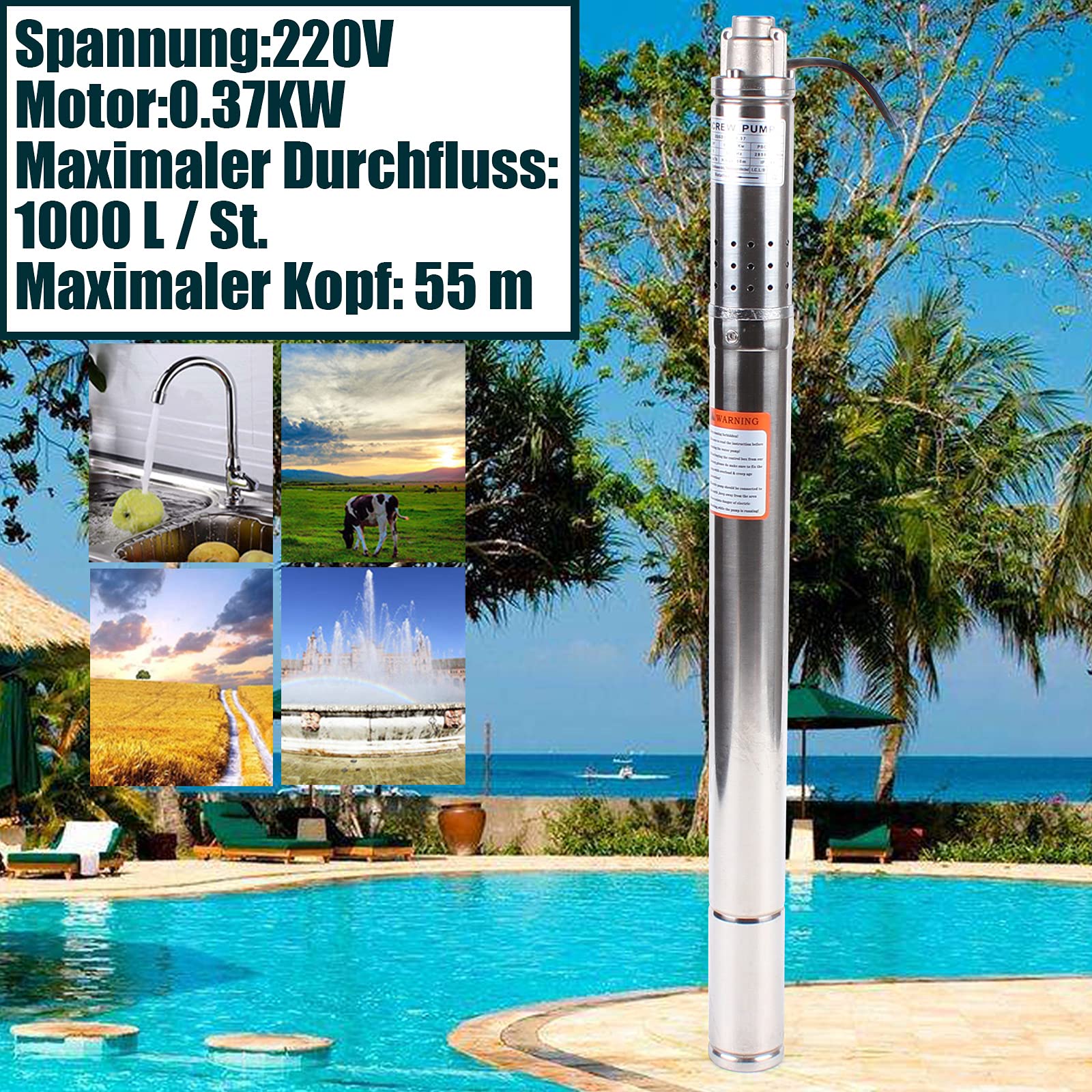 Pompa sommersa da 2 pollici in acciaio inox, BuRuiYoten, sommergibile, pompa per fontana, adatta alla sabbia, da giardino, pompa a vite, pompa sommersa