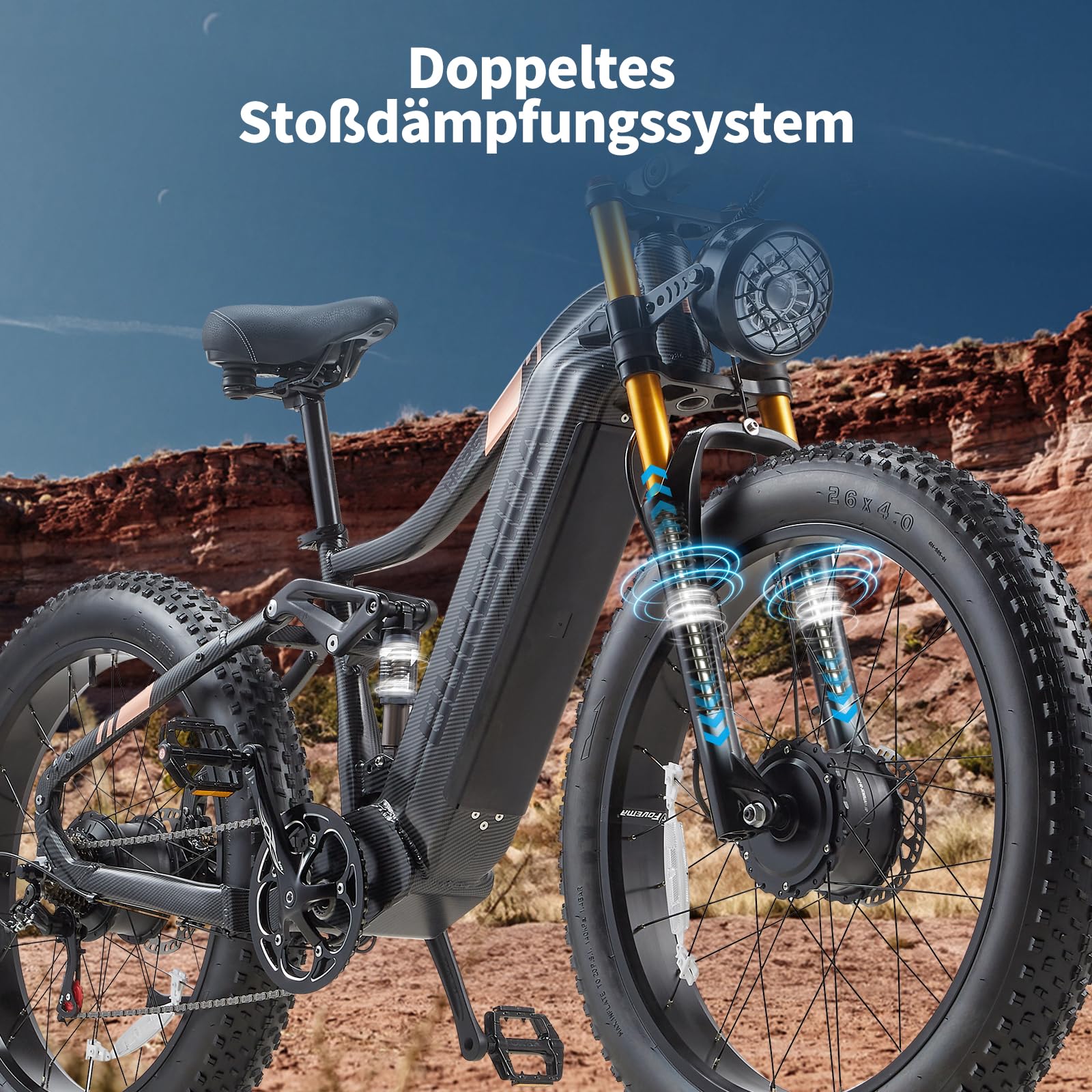 Doppelter Motor 95/190 N.m E Bike elektrofahrräder Herren Damen, Ebike 48V 30Ah Akku bis 160km, 26x4 Zoll Electric Bike 7-Gang Getriebe mit Vollfederung E Fahrrad HC26