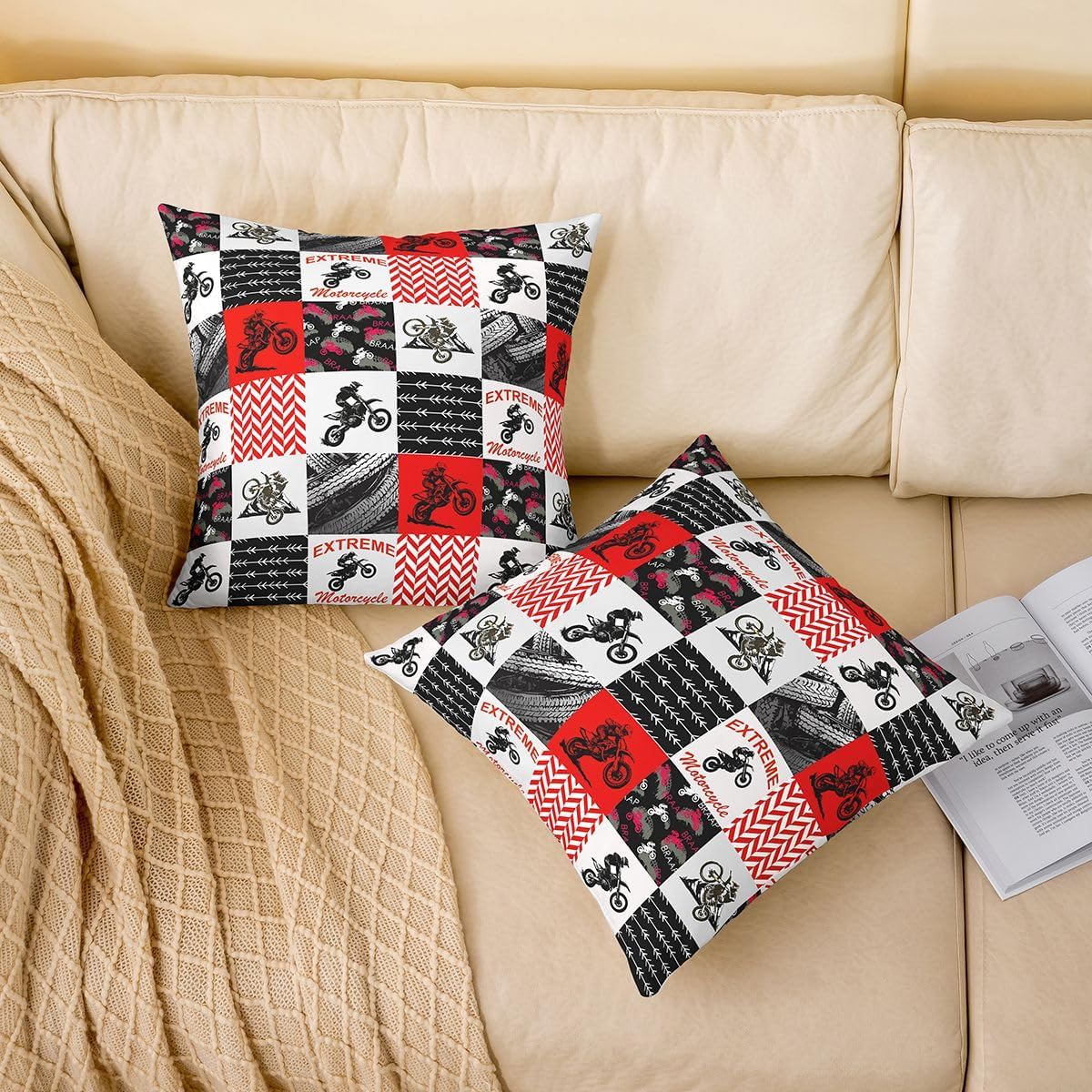 Motorcycle Games Throw Pillow Cover,Motorbikes Extreme Sports Cushion Cover 16"x16" for Kids Boys Girls,Off-Road Motorcycle Fashion Pillowcase for Car RV Livingroom,Black Red Pillow Cover,Single Pack image 3
