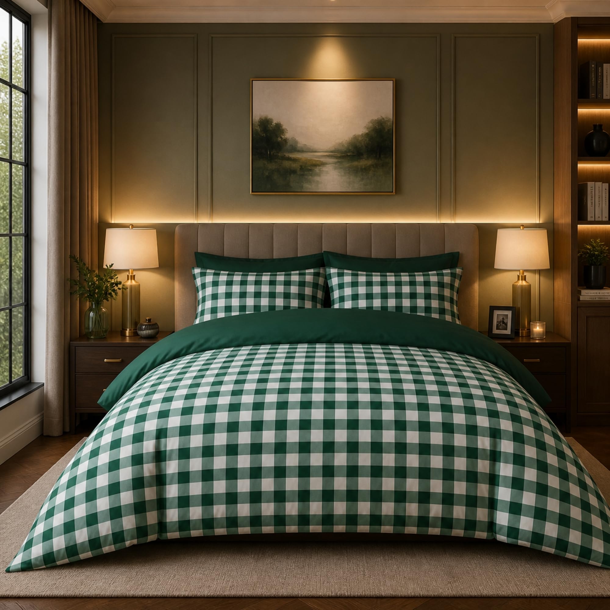 Dolce Vari Gingham Moor Check Microfibre Duvet Cover Set – Reversible Checked Quilt Cover with Matching Pillowcases – Soft, Lightweight Bedding Set – Easy-Care & Durable (FOREST GREEN, Single)