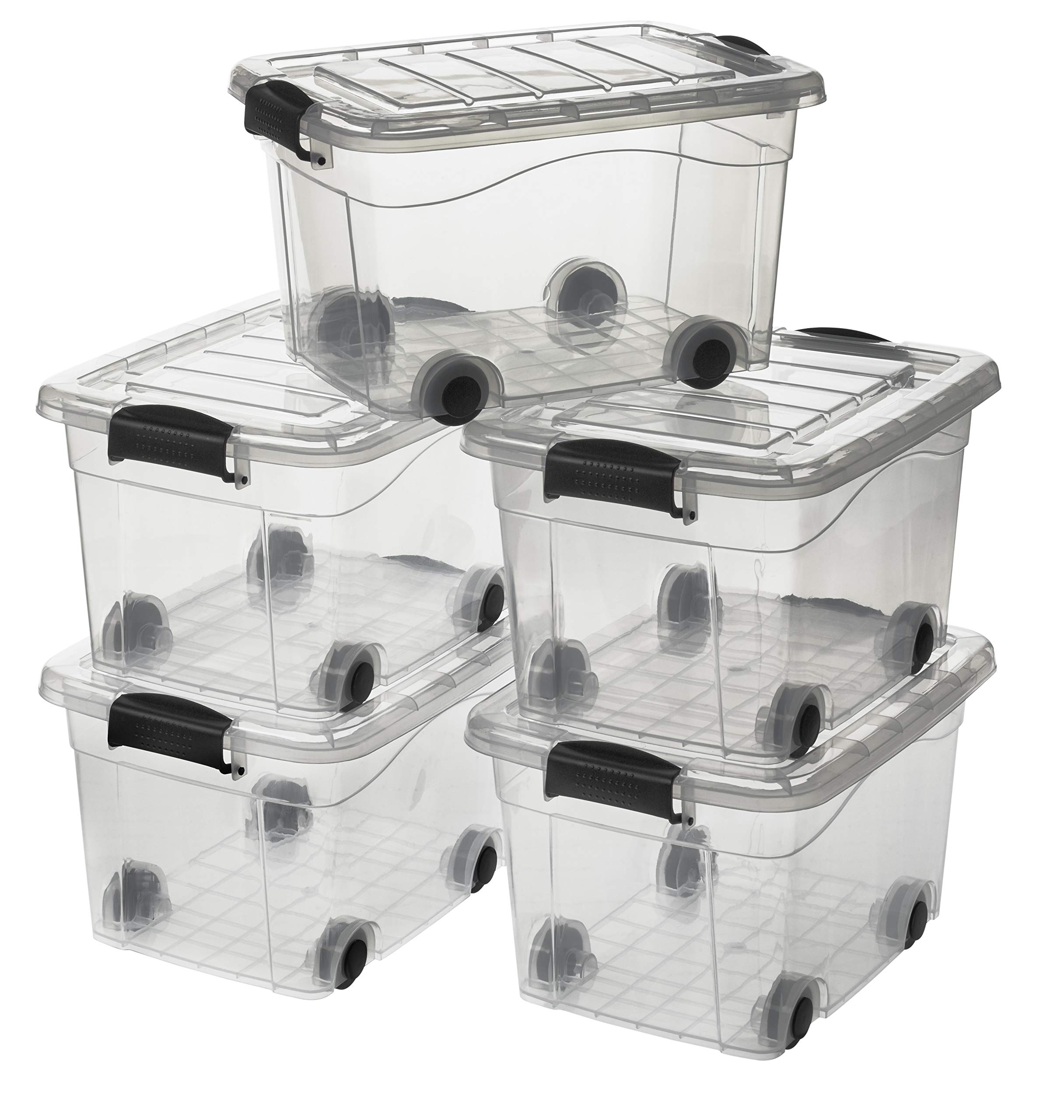 Logiplast 5 Stück Aufbewahrungsbox transparent 20 Liter mit Deckel und Klickverschluss 450 x 335 x 250 mm inkl. Rollen