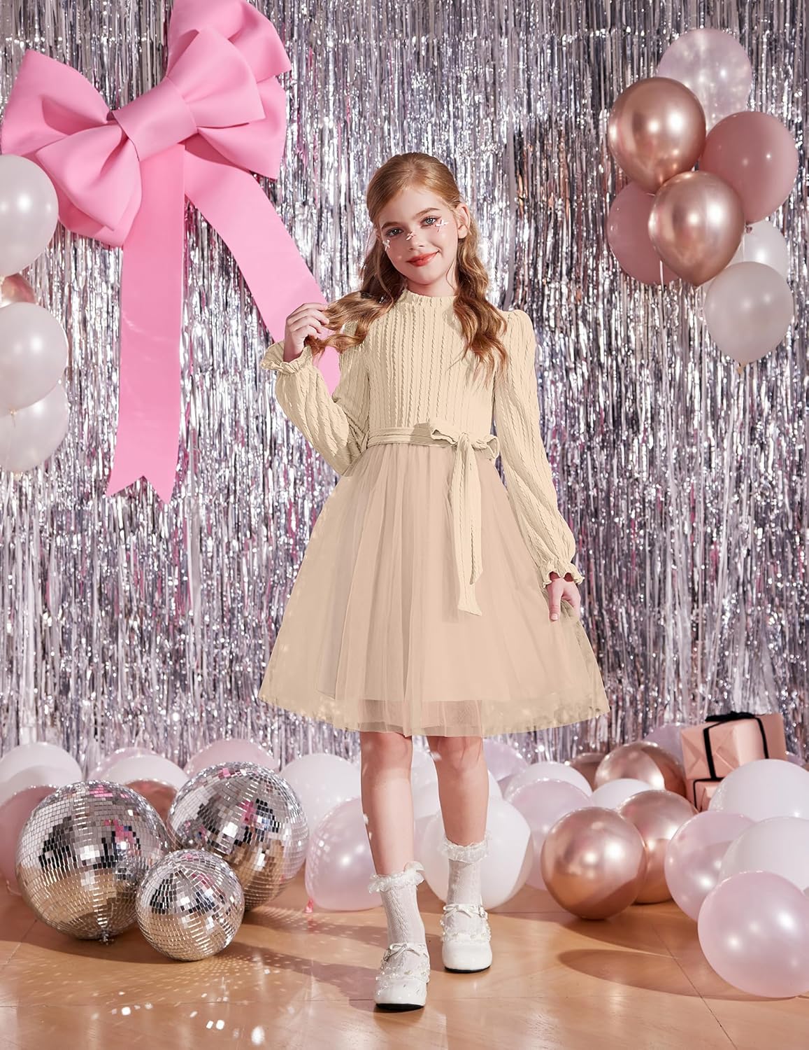 Arshiner Girls Tulle Dress Puff Long Sleeve Mock Neck Cable Knit Sweater Formal Casual Fall Winter Tutu Dresses with Belt - Image 4