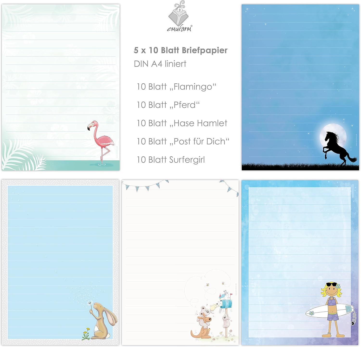 Cute Ruled Letter Paper Mix Pack 5 x 10 Sheets of A4 for KidsWriting