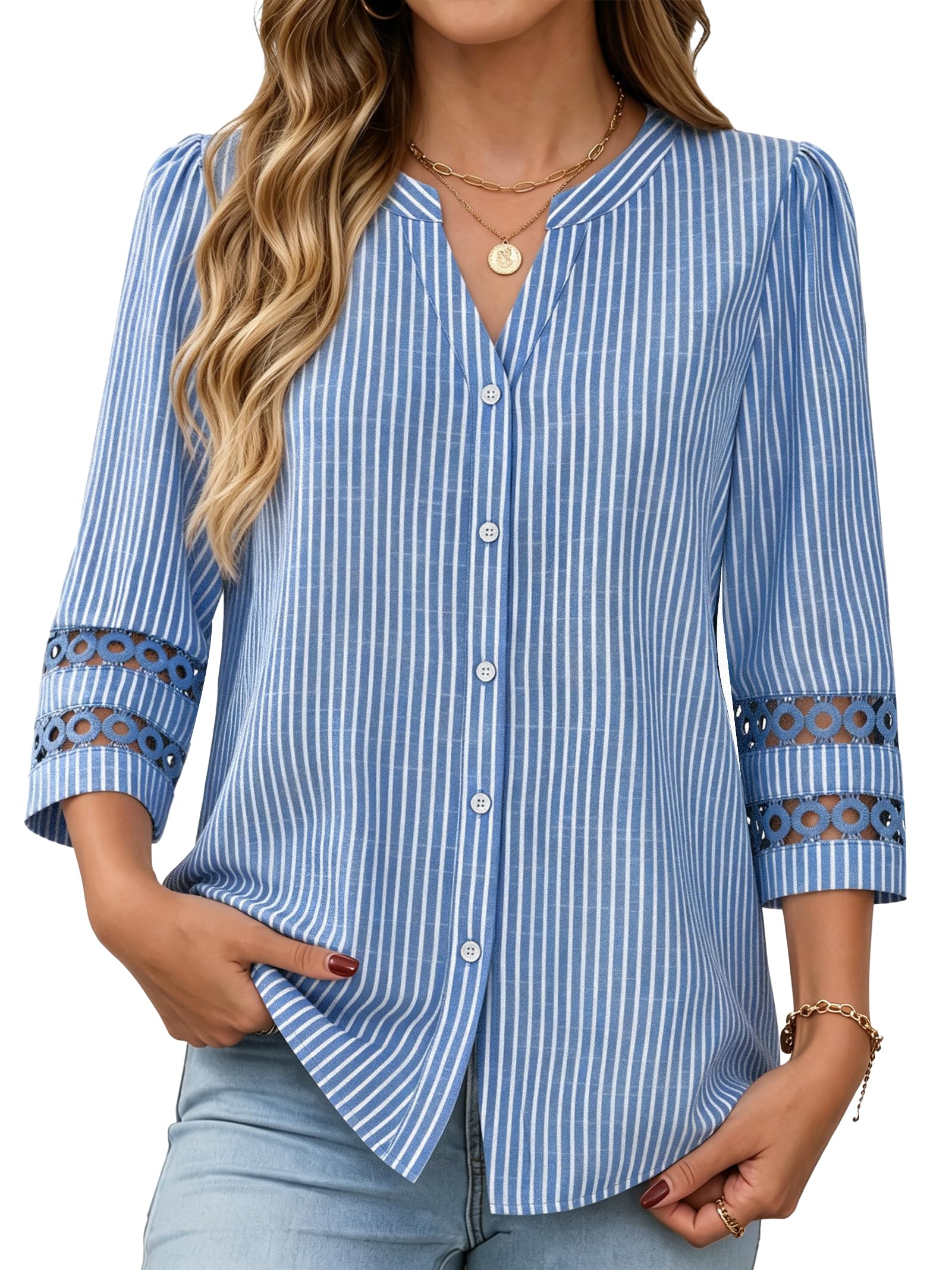 Funlingo Striped Button Down Shirts for Women 3/4 Sleeve Tops V Neck Blouse