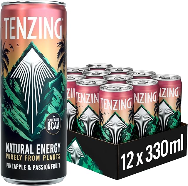 TENZING Natural Energy Drink, Plant Based, Vegan, & Gluten Free Drink, +BCAA, Pineapple & Passionfruit, 330ml (Pack of 12)