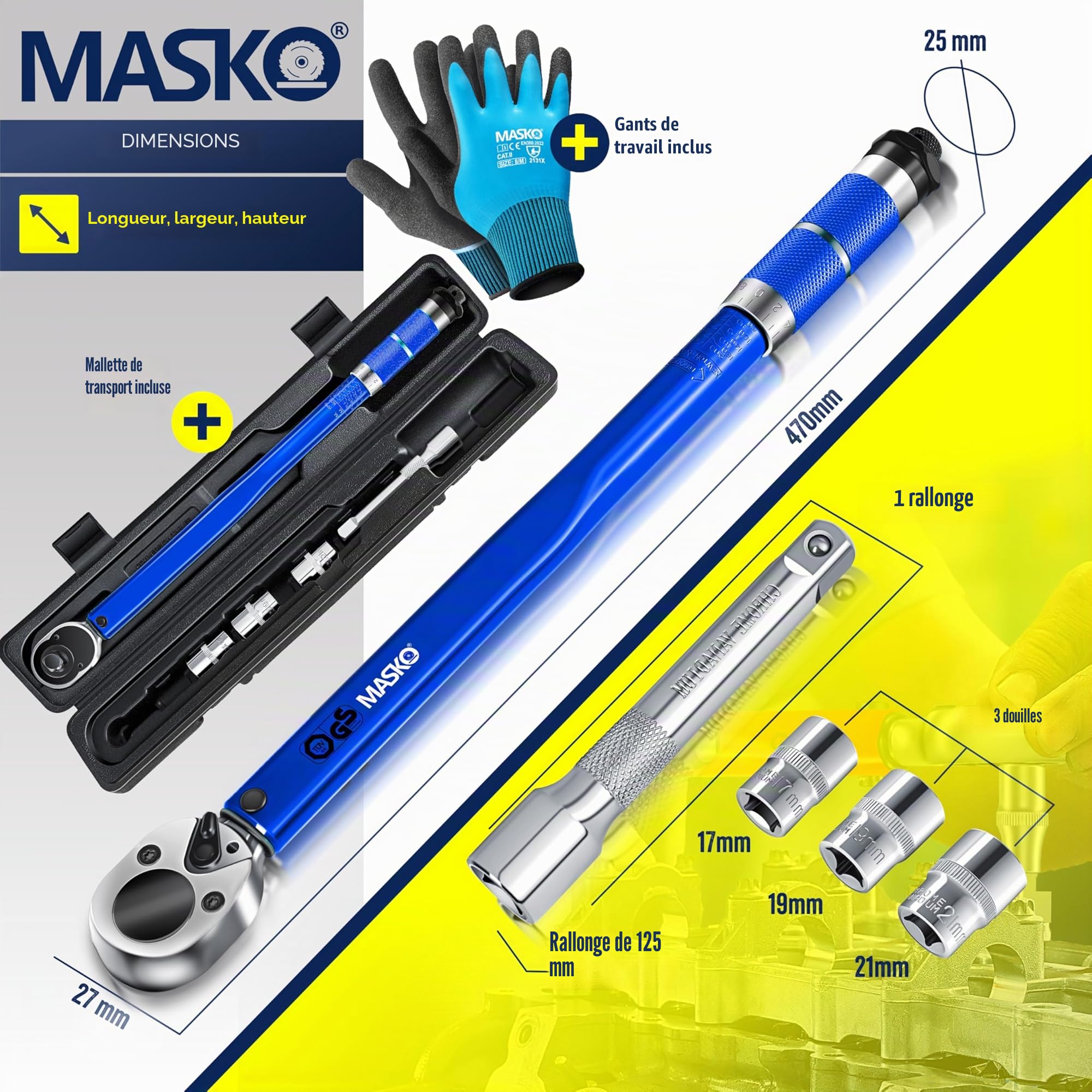 Masko clé dynamométrique 40-210 Nm 1/2" CV avec 3 douilles 17-21 mm et rallonge 125 mm coffret