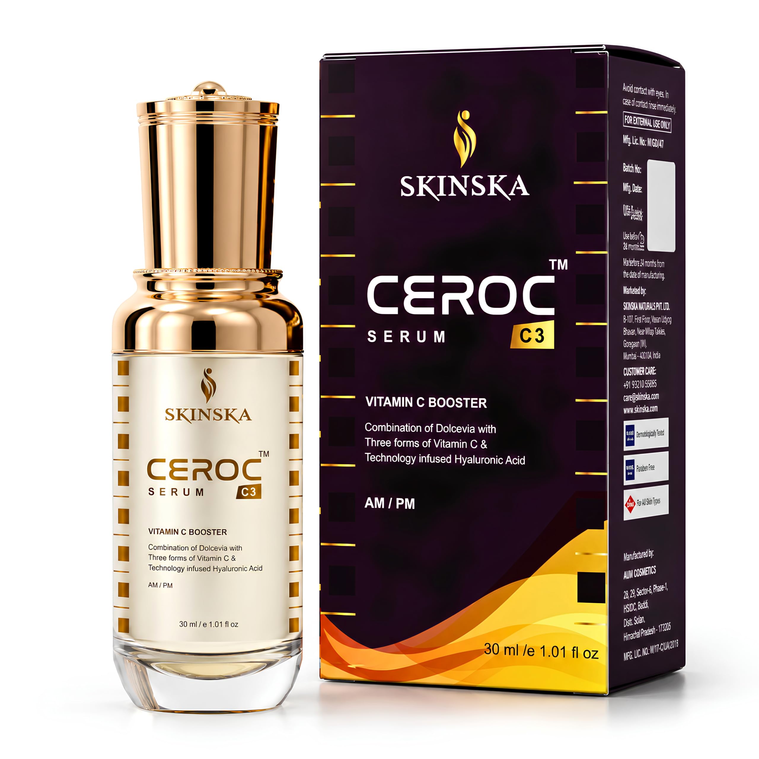 SKINSKA NATURALS CEROC C3 Vitamin C Face Serum (30ml) | With Hyaluronic Acid, Vitamin E & Licorice Extract | Brightening, Dark Spot Reduction & Uneven Skin Tone Care | Suitable for Oily, Dry & Sensitive Skin | Men & Women