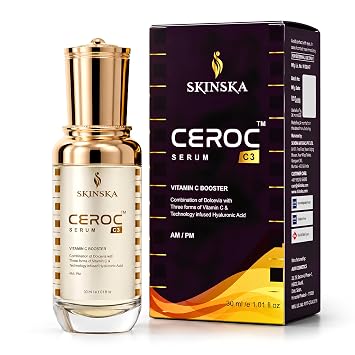 SKINSKA NATURALS CEROC C3 Vitamin C Face Serum, Daily Use Formula with 3 O Ethyl Ascorbic Acid, Hyaluronic Acid, Smooth Finish Serum for Refreshed, Healthy Looking Skin For Men & Women -1.01 fl oz