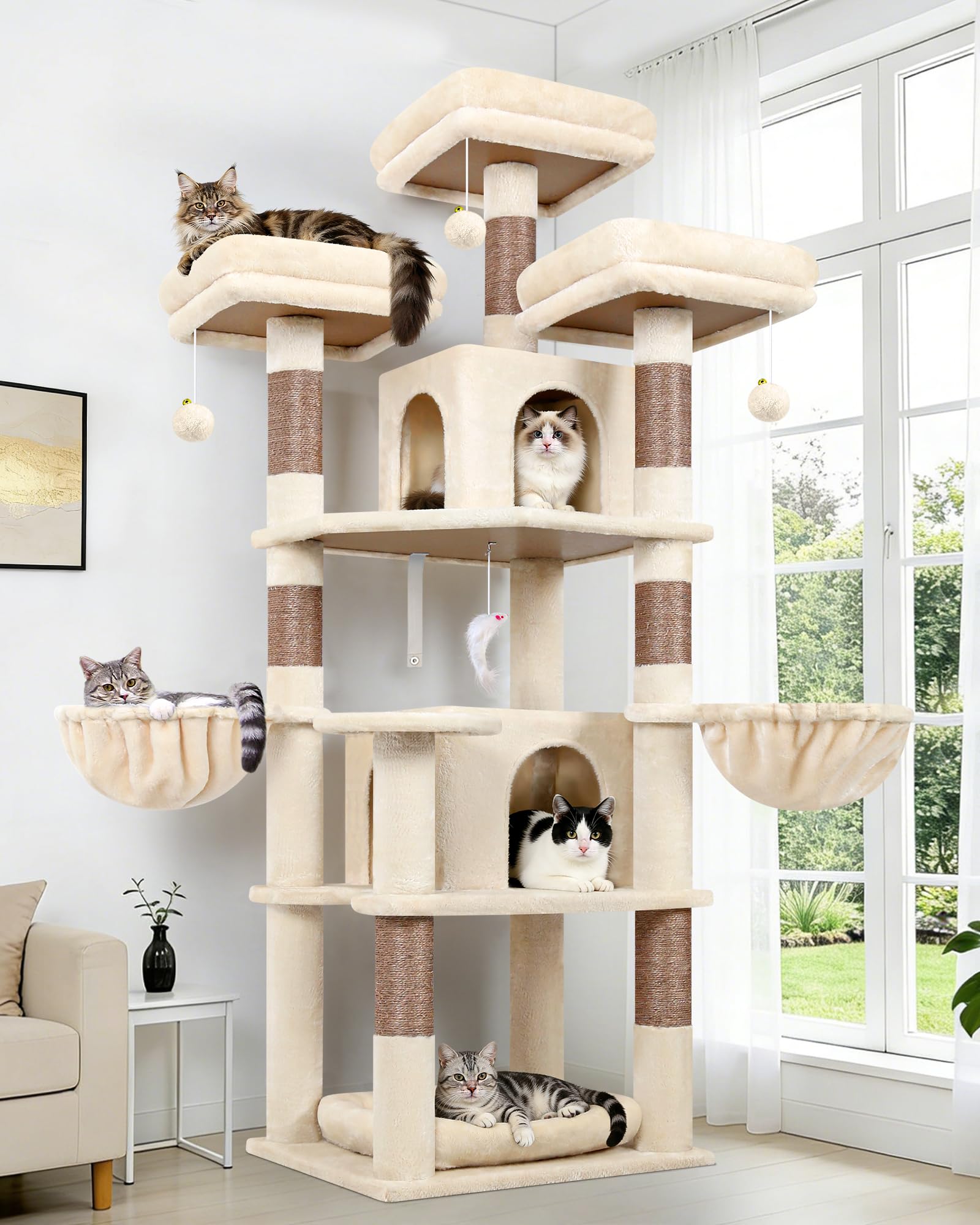 Globlazer Cat Tree Beige for 2-4 Cats Indoor, Large Cat Tower 174 cm with 3 Top Perches, 2 Caves, 2 Basket, Removable Pet Bed, 7 Scratching Posts, Stable Cat Tree for Multiple Cats (F68B, ‎Beige)