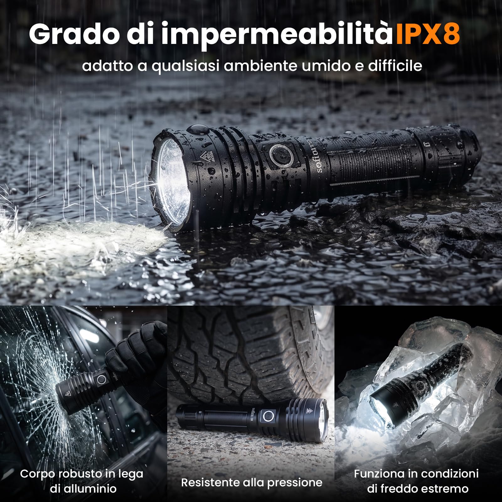 Sofirn C8L Torcia LED Ricaricabile,Torcia Tattica 531M, Super Luminosa, 3100 lumen,USB-C,Impermeabile IPX8,con Interruttore Laterale + Posteriore,per la Campeggio all'aperto, Escursionismo e Alpinismo
