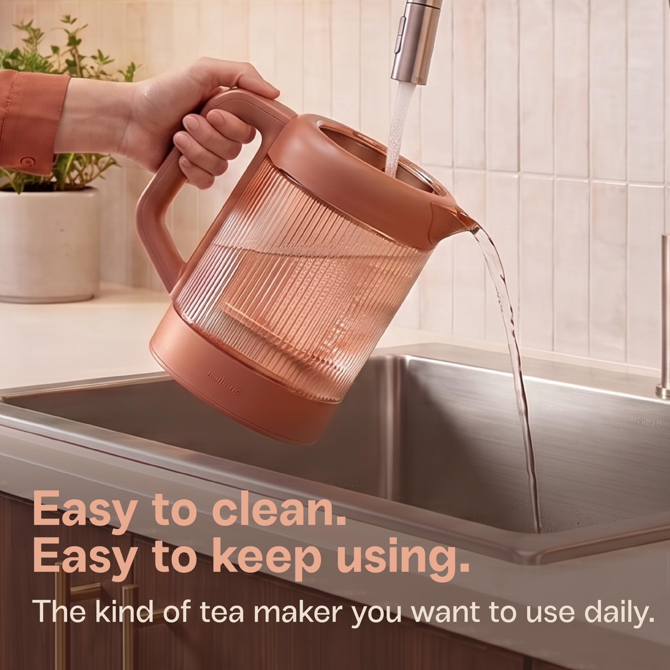 Viante Nina Electric Tea Kettle with Infuser, No Plastic In Contact With Water, 1.5L Borosilicate Glass, 304 Stainless Steel, 4 Temp Presets, Keep Warm, Cordless, Auto Shut-Off, Terracotta