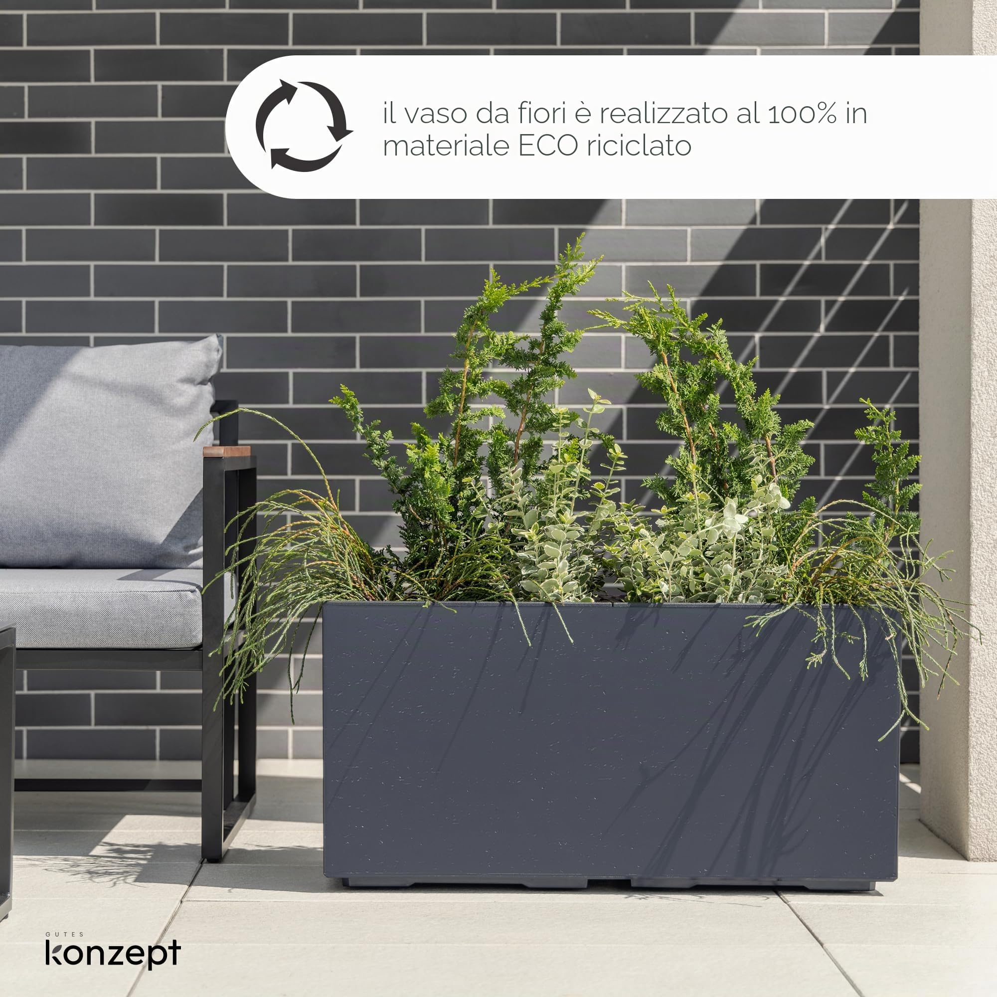 KONZEPT Vaso fioriera grande rettangolare da 40 x 80 x 40 cm con ruote, per interni ed esterni, quadrato, aspetto in cemento, in plastica, mobile, ideale per il giardino, la terrazza, il balcone e gli
