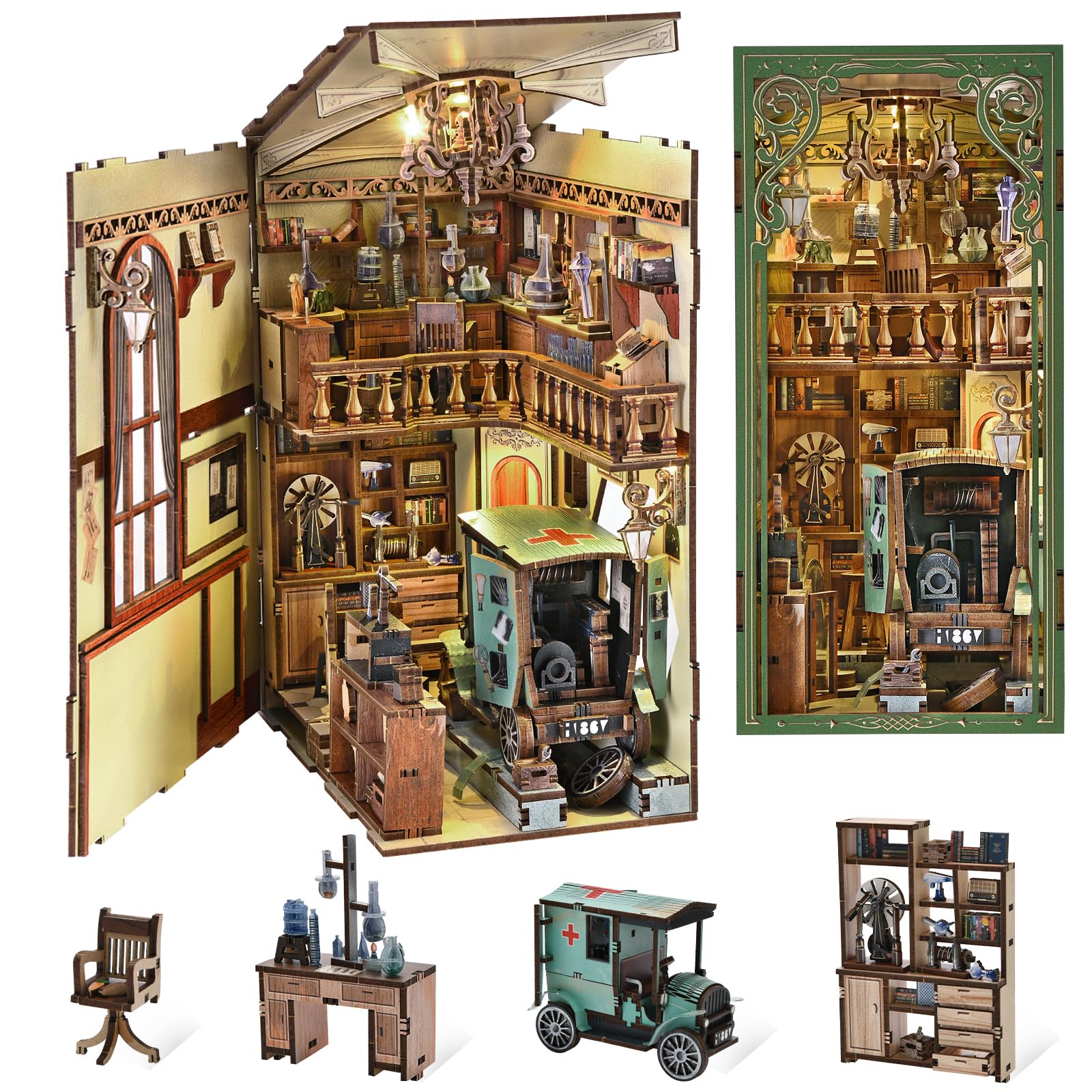 MiniCity Book Nook zestaw do budowania, miniaturowy domek dla lalek 3D, kącik na książki, zestaw do montażu z oświetleniem LED - The Radium Lady