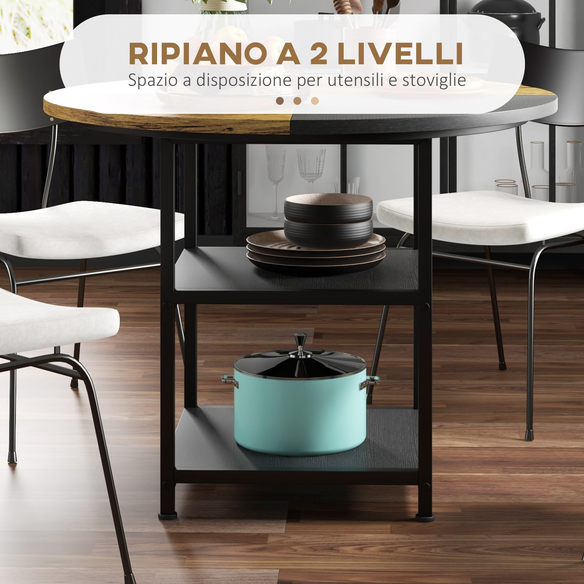 HOMCOM Tavolo Stile Industriale per 4-6 Persone Ø100x76 cm Nero e Marrone | 2 Ripiani Integrati, Tavolo Rotondo da Pranzo Multiuso, Acciaio e MDF