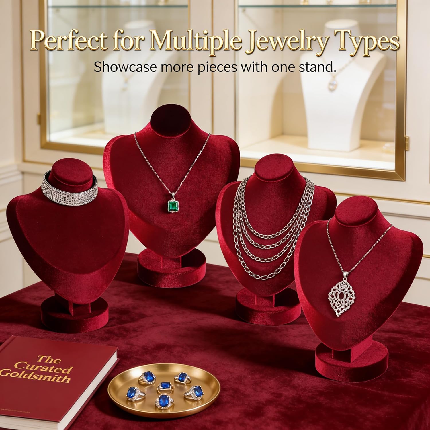 Resilient Velvet Necklace Display Bust Mannequin, Pendant Necklace Chest Stand for Retail Photography Livestream, Jewelry Shop Countertop Storage Organizer Holder (Red, Necklace Bust)