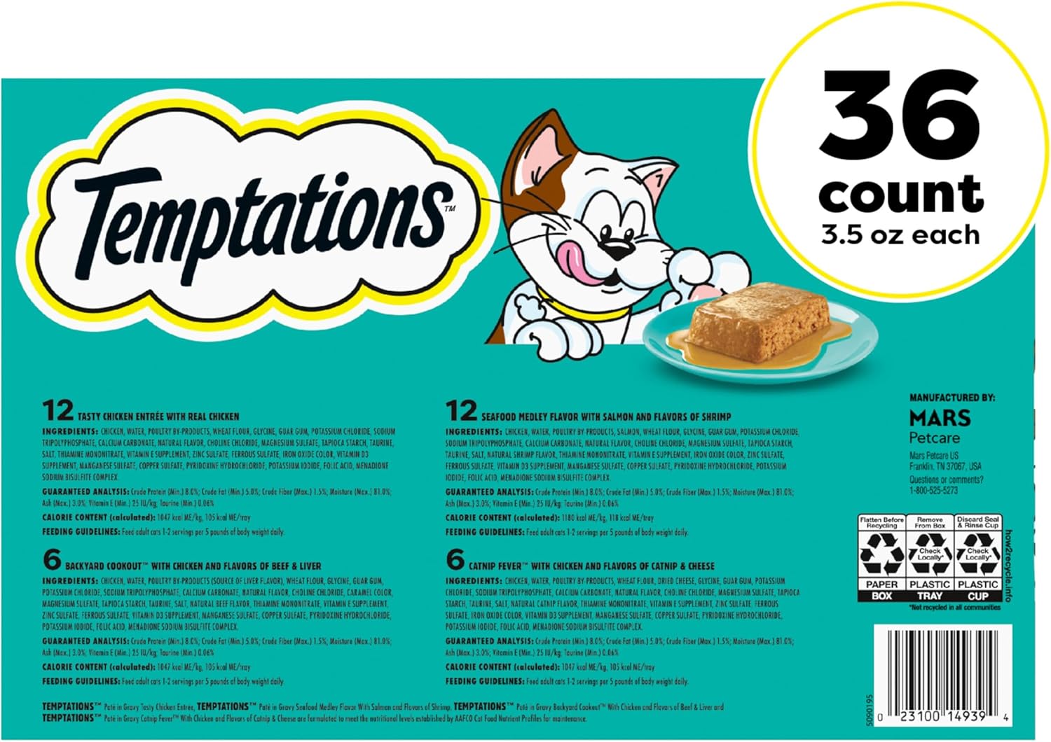 Temptations Pate in Gravy Adult Wet Cat Food Tasty Chicken Entree, Seafood Medley, Backyard Cookout, and Catnip Fever, 3.5 oz. Trays (36 Count, Pack of 1)