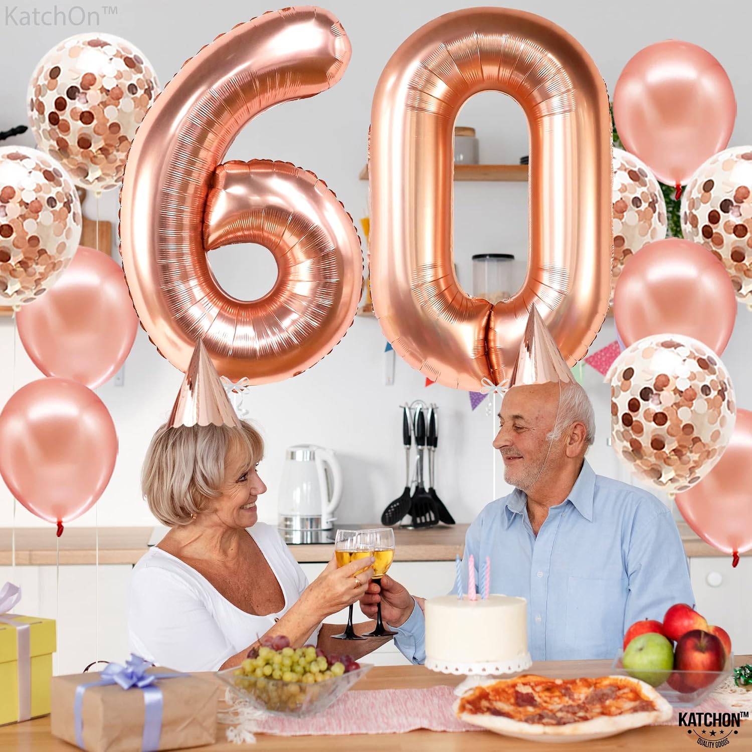 KatchOn, Big Rose Gold Number 60 Balloon - 40 Inch | Mylar Foil 60 Balloon Numbers For Happy Birthday Decorations | Number Balloons With Confetti For Anniversary Decorations | Birthday Party Supplies