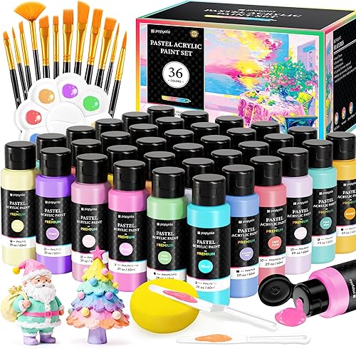 Miniatura 87 de POPYOLA Juego de 40 piezas de pintura acrílica con 12 pinceles, 2 cuchillos, paleta y esponja, 24 colores (2.3 onzas líquidas, 2 onzas), pintura