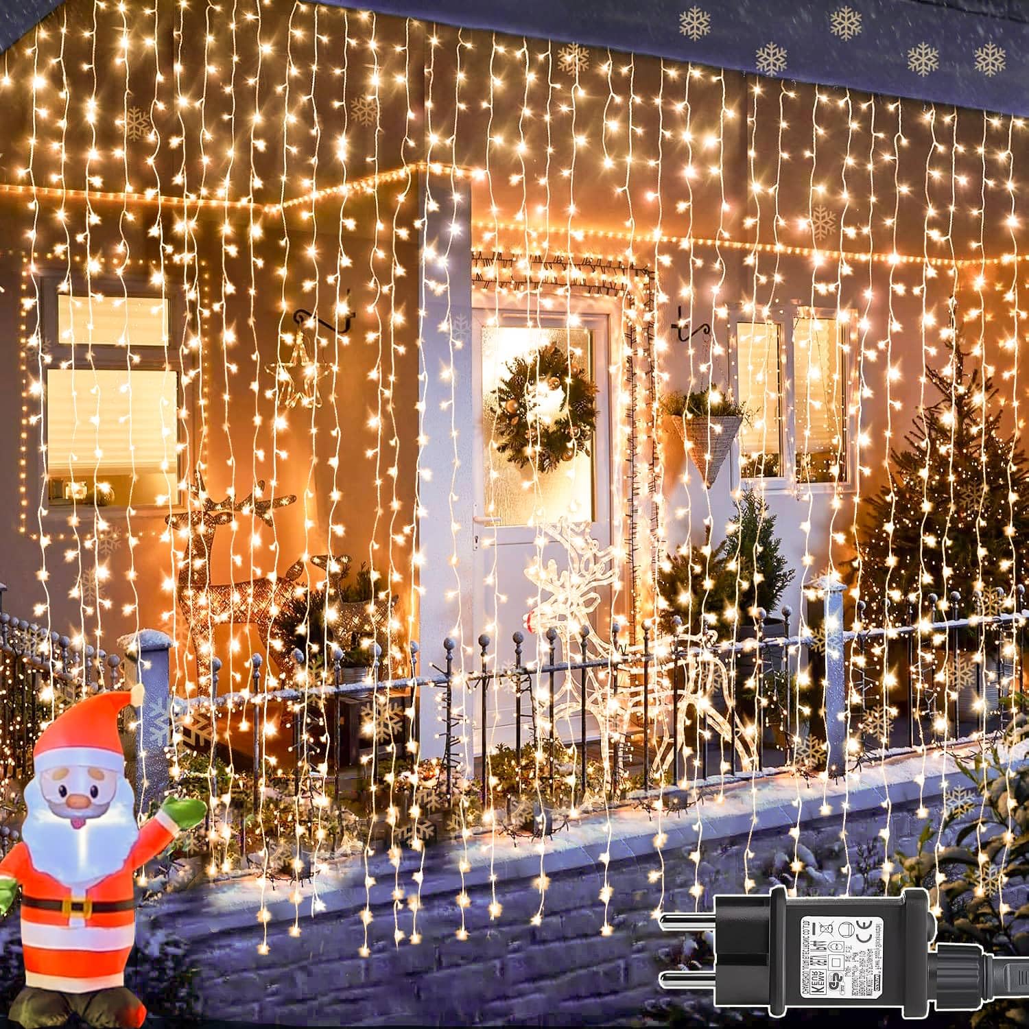yowin Cortina Luces Navidad Exterior 3x3M 300 LED Luces Navidad con Enchufe, Temporizador, 8 Modos Luces Navidad Ventana Impermeable Luces Cascada para Hogar Balcon Escaparates Interior Decoración