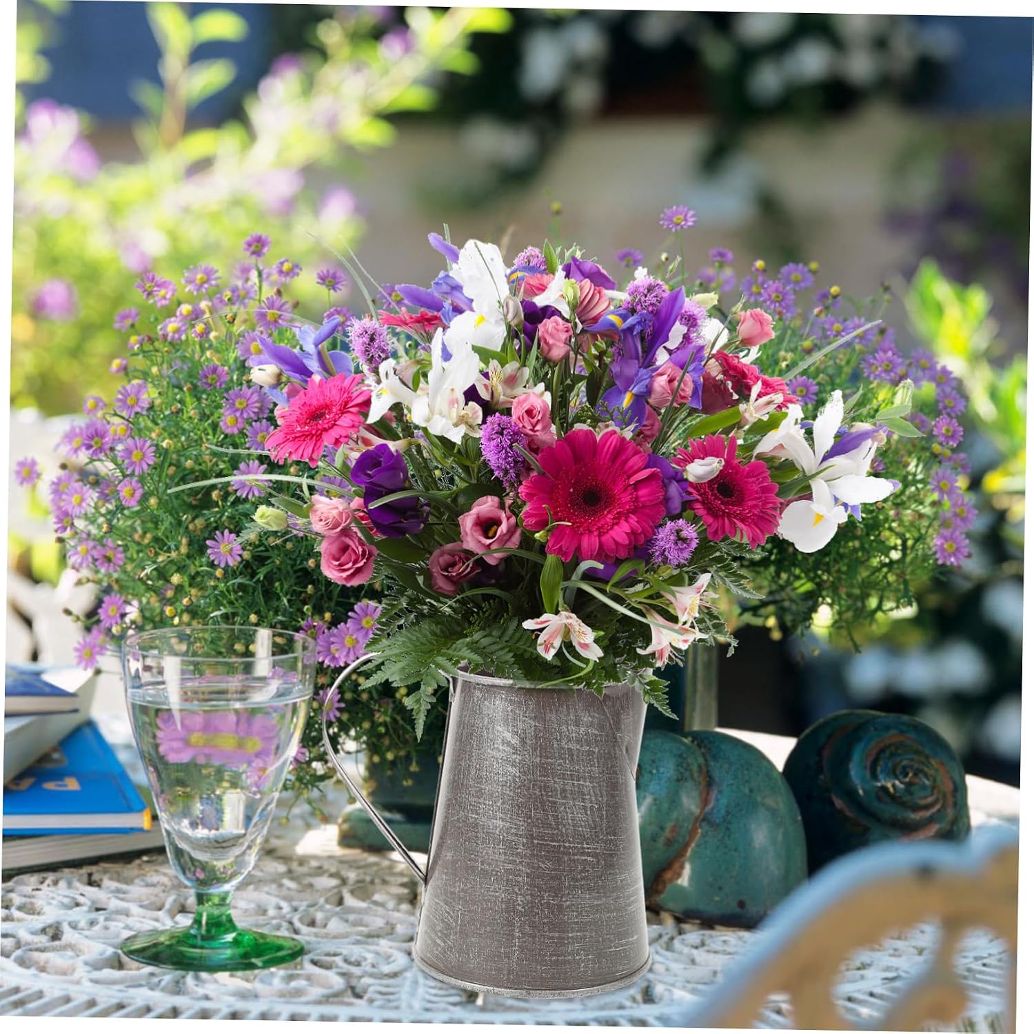 Retro Iron Pitcher Flower Holder with Handle for Arrangement