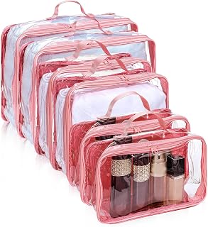 Hillban 6 Pcs Pink Large Clear Travel Packing Cube 3 Sizes See Through PVC Organizer for Suitcase Multipurpose Pouch with Handle Vinyl Zippered Storage Bags Lug