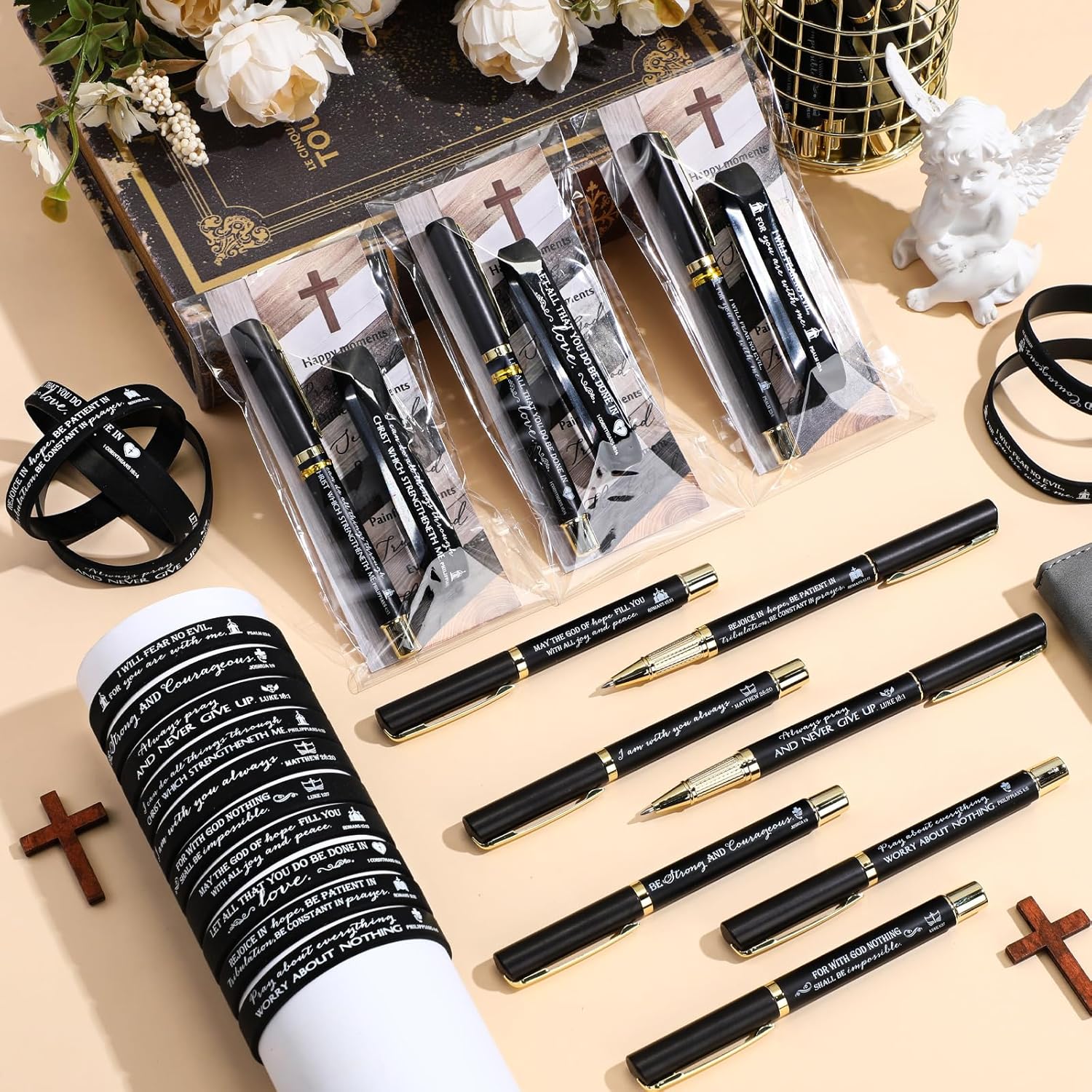 Spakon 50 Sets Christian Gifts Bulk Bible Verses Pens Christian Silicone Bracelets Religious Paper Bookmarks for Women Men Sunday School Church Priest Mother's Father's Day (Black,Classic)