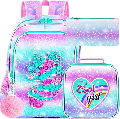 CCJPX Mochila de unicornio de 3 piezas para niñas, 16 pulgadas, resistente al agua, primaria, preescolar, jardín de infantes, escolar con lonchera -