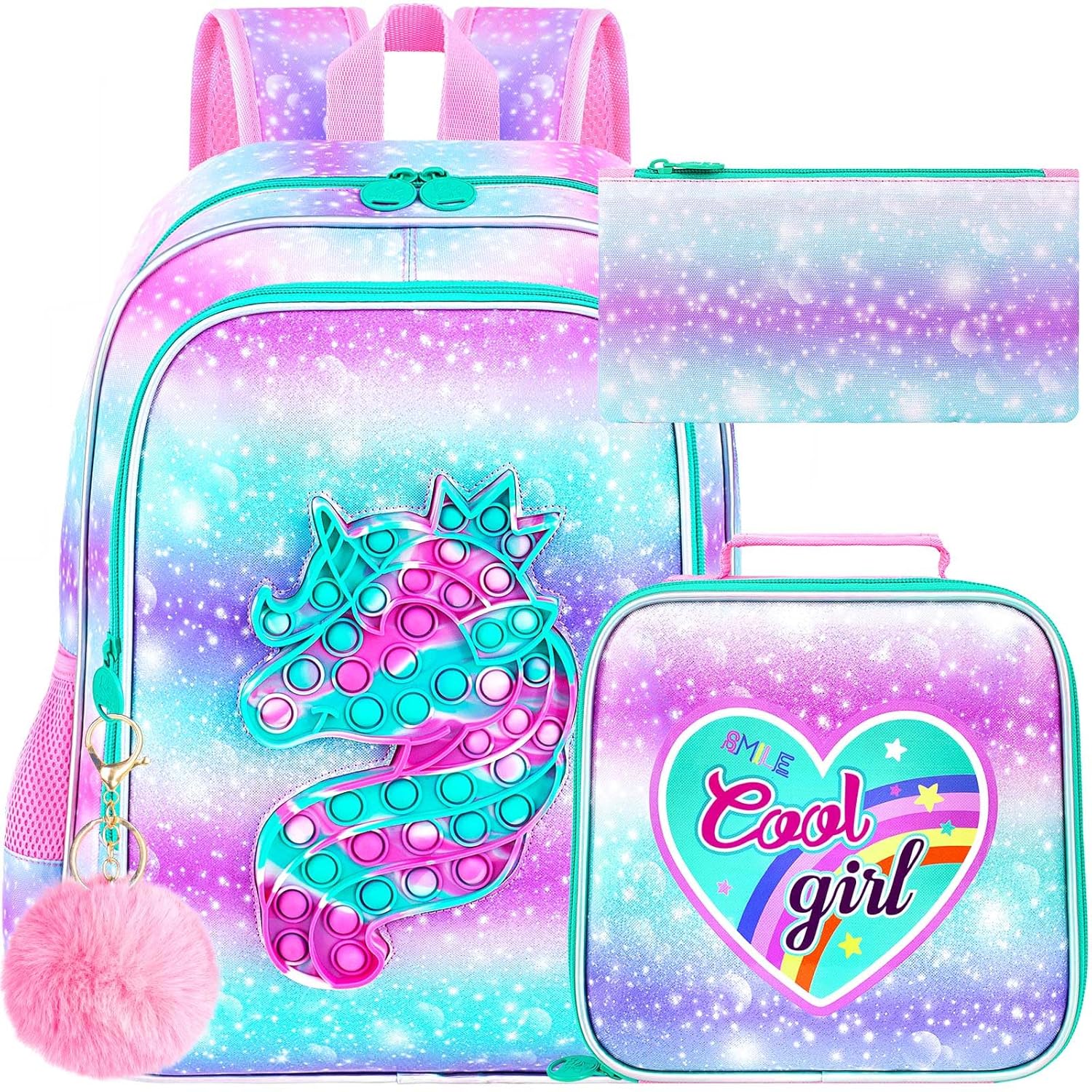 CCJPX 3PCS Unicorn Backpack for Girls 16 Kids Water Resistant Elementary Preschool Kindergarten School Bookbag with Lunch Box