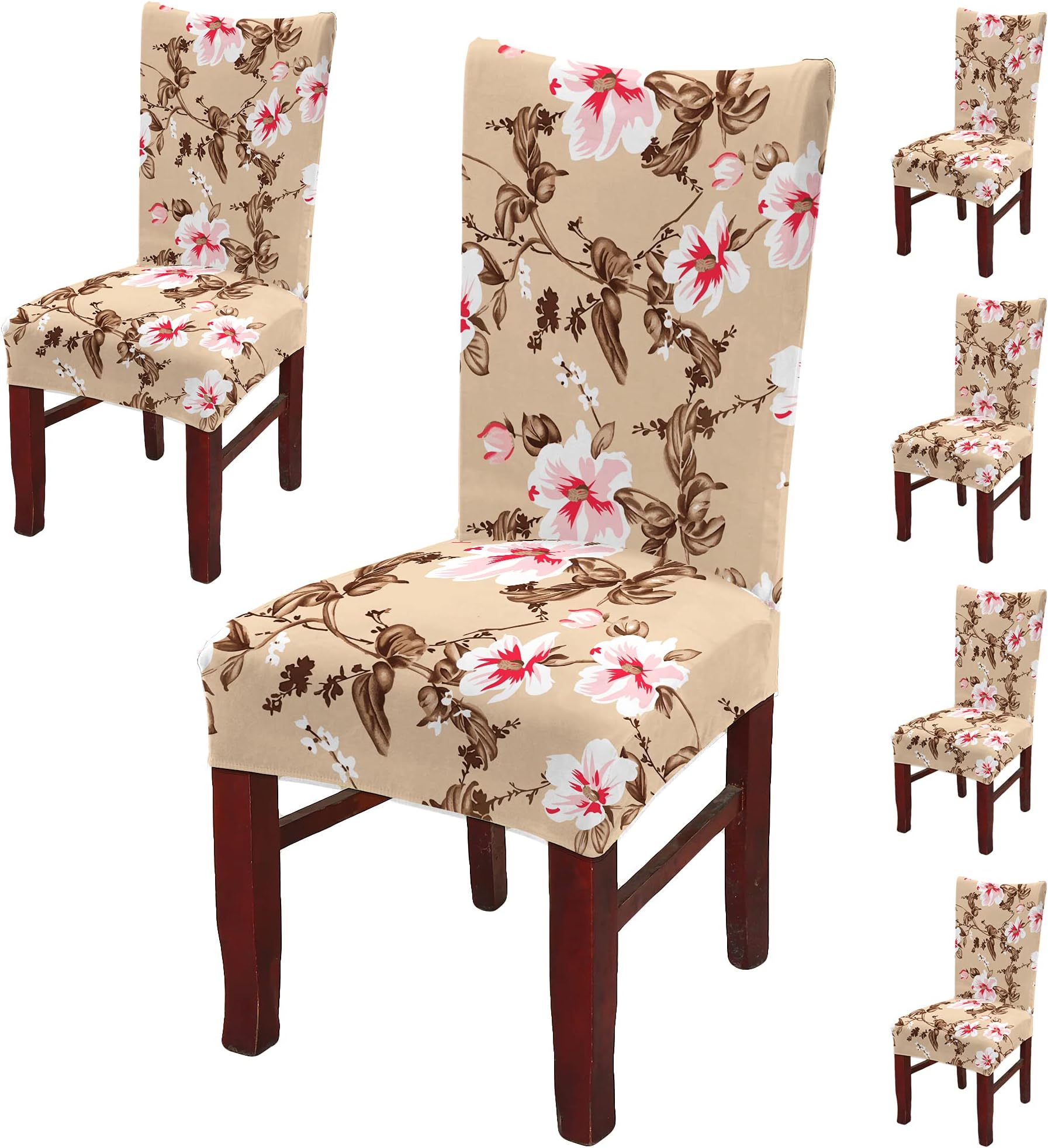 BRIDA® Polyester Spandex Stretchable Floral Geometric Printed Dining Chair Covers Elastic Chair Seat Case Protector, Slipcovers (6 Chair Cover, Beige Pink)