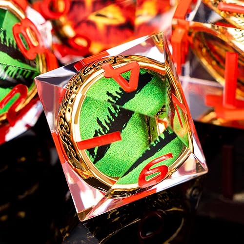 Miniatura 44 de Juego de dados DND de anillo dorado mágico con borde afilado, color rojo con ojo, para uso con juegos de mesa RPG D&D, juego de dados poliédricos