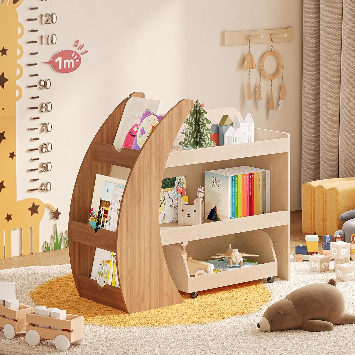 Kids Bookshelf with Toy Storage and Movable Drawer, Wooden Montessori Bookcase Organizer for Toddlers and Children