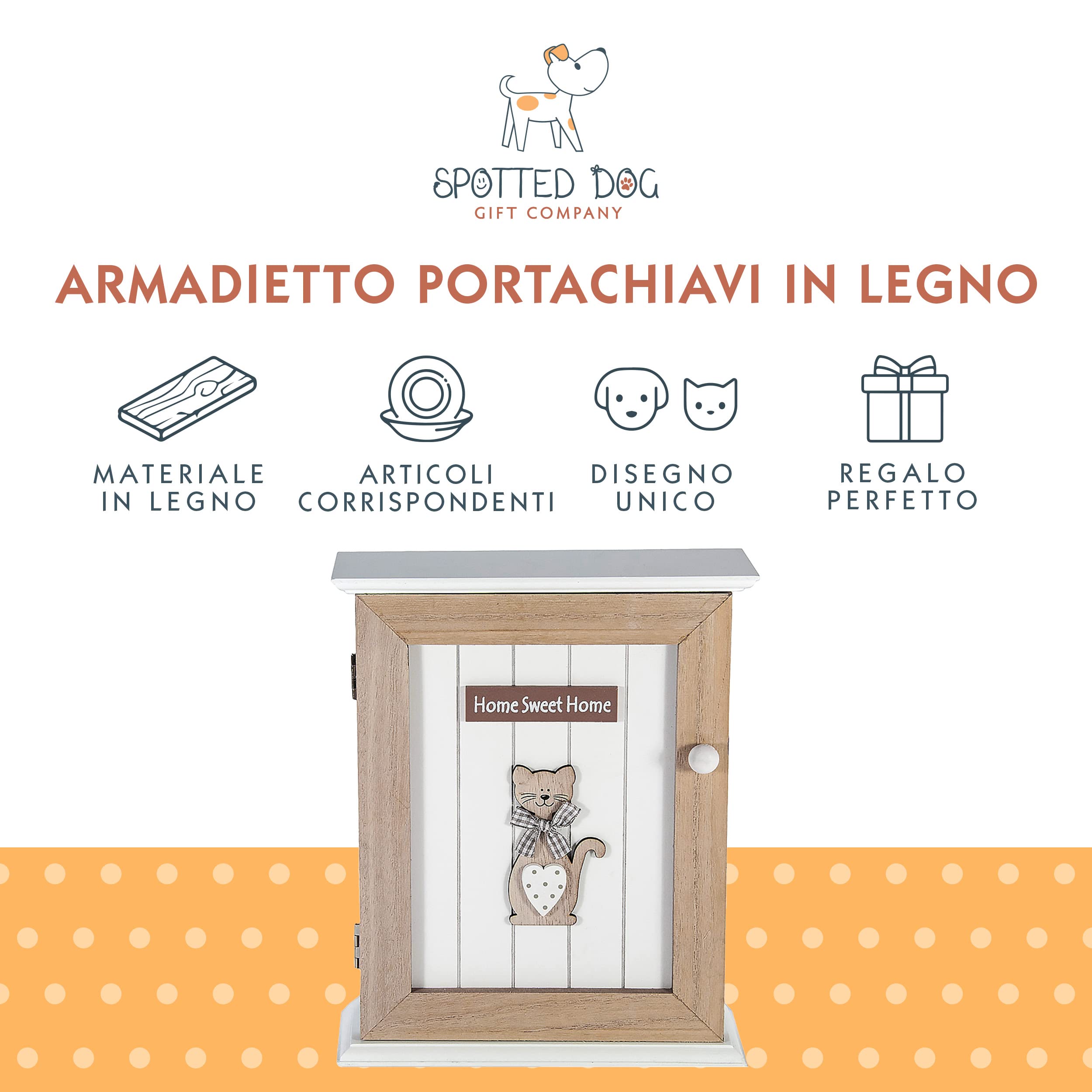 SPOTTED DOG GIFT COMPANY - Armadietto portachiavi da parete con motivo gatto e scritta Home Sweet Home - decorazione per l'ingresso - con 6 ganci - in legno - naturale/bianco