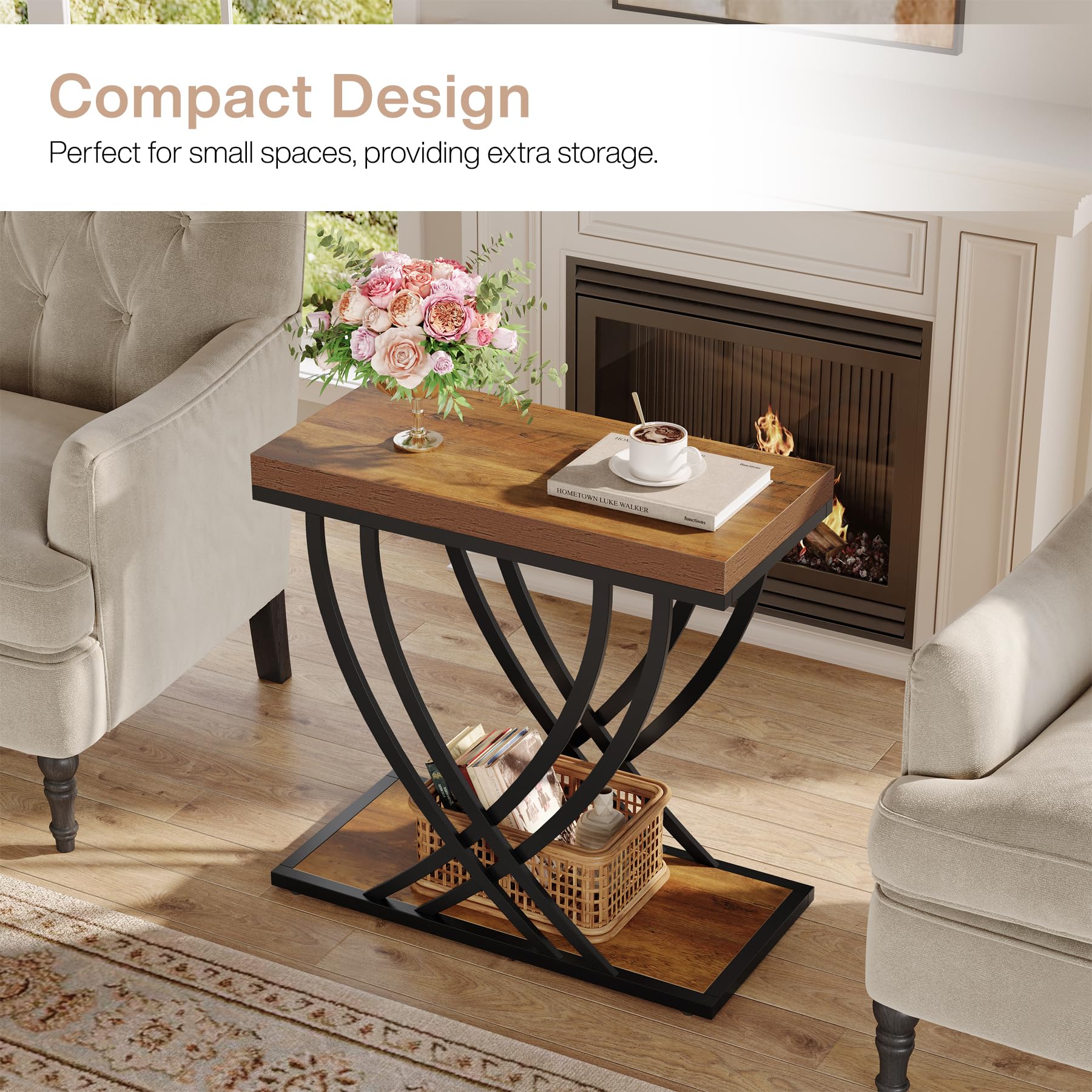 Tribesigns 2-Tier Narrow Side Table, Industrial Nightstand, Bedside Tables | Metal Frame, For Living Room, Bedroom, Sofa Couch, Small Spaces, Rustic Brown