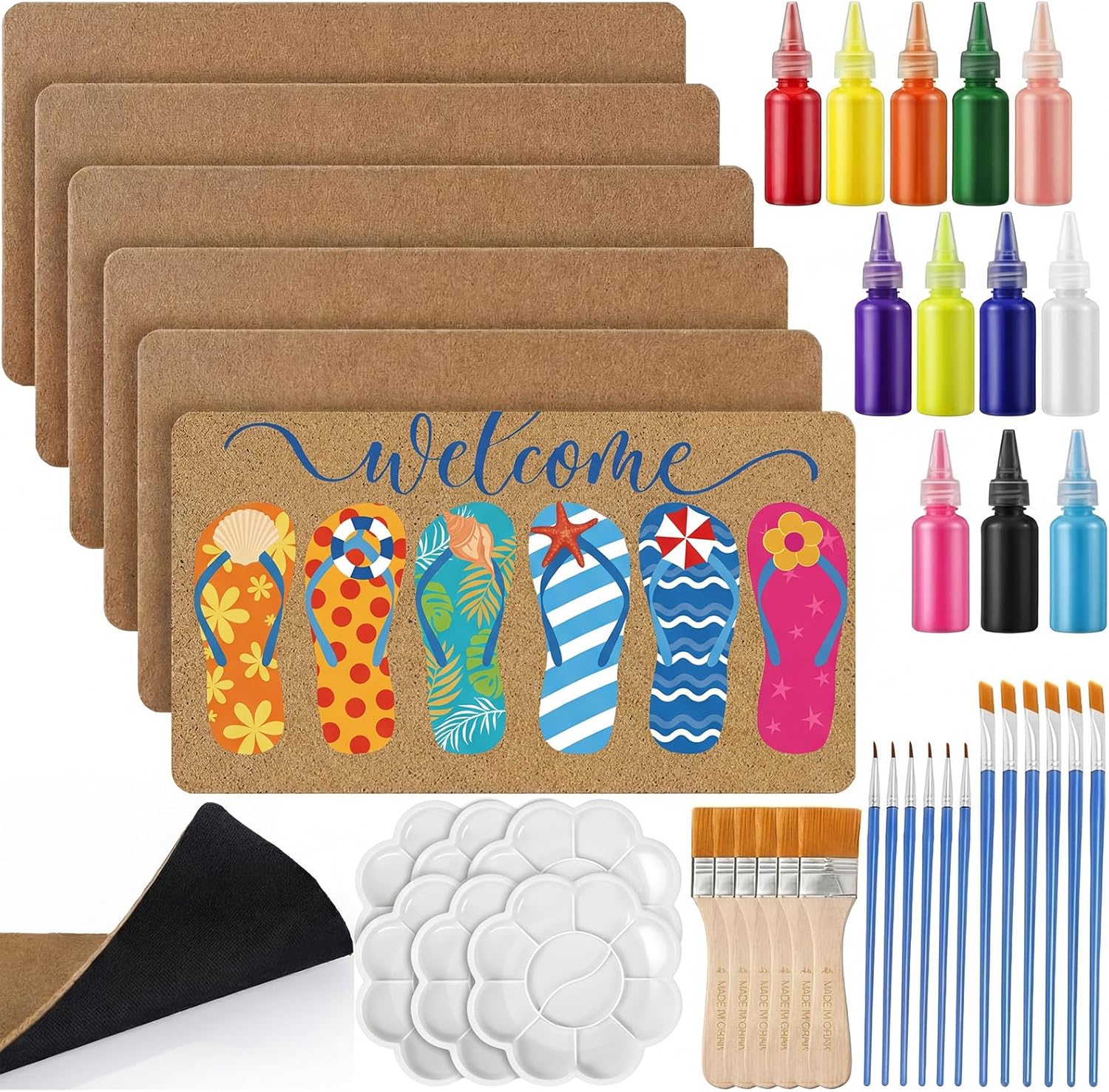 Nuanchu 6 Pcs Summer Blank Coir Doormat Bulk DIY Painting Kit, 24x36 Non Slip Front Door Mat with Paint Brushes Palette for Summer Porch, Mother's Day, Graduation Gift (17" X 30")