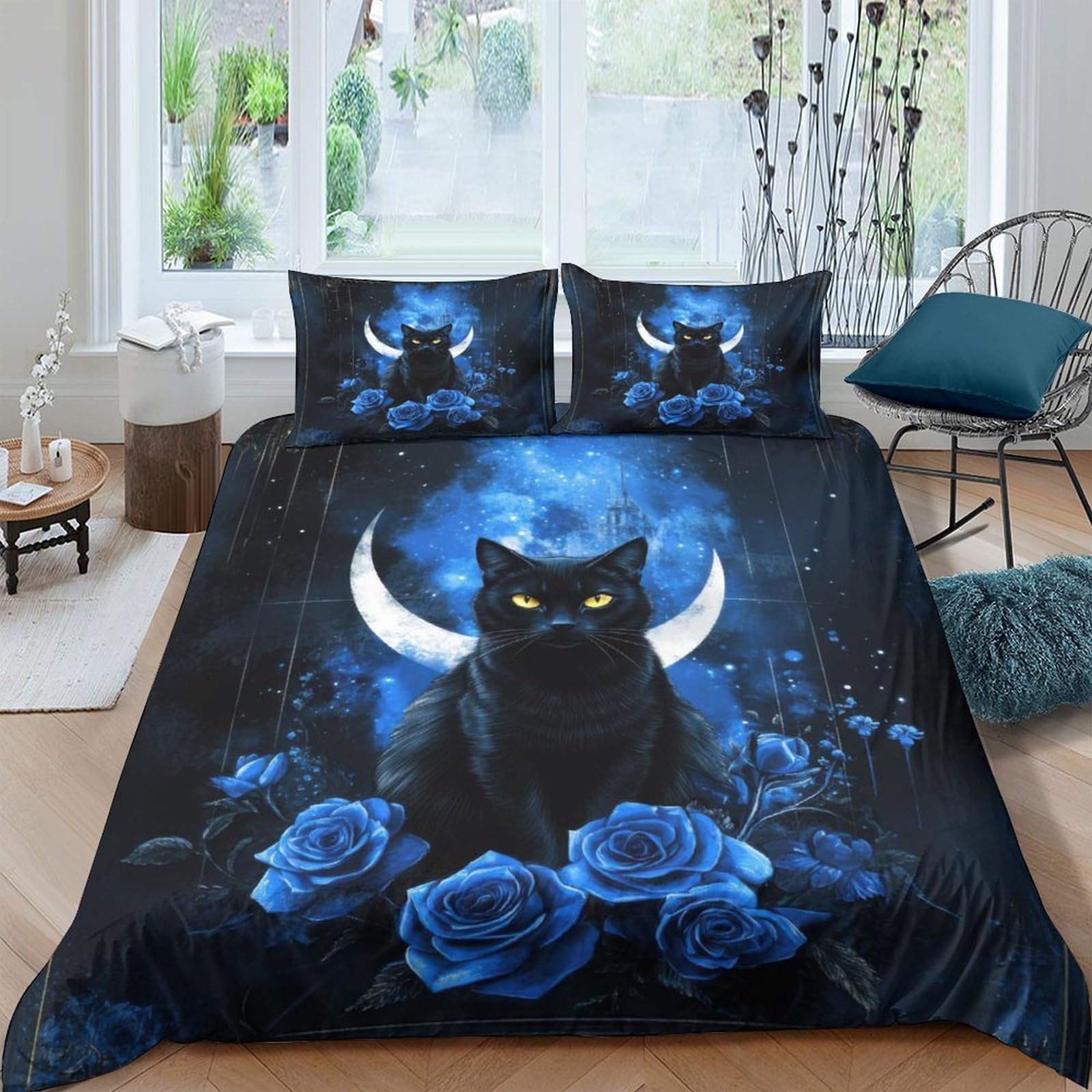 Ctjqhvkz Style-6 3D Printed Moon Cat Fitted Sheet Microfiber Blue Floral Bed Cover For Bedroom Guest Room Mattress Decor Single（135X200cm）