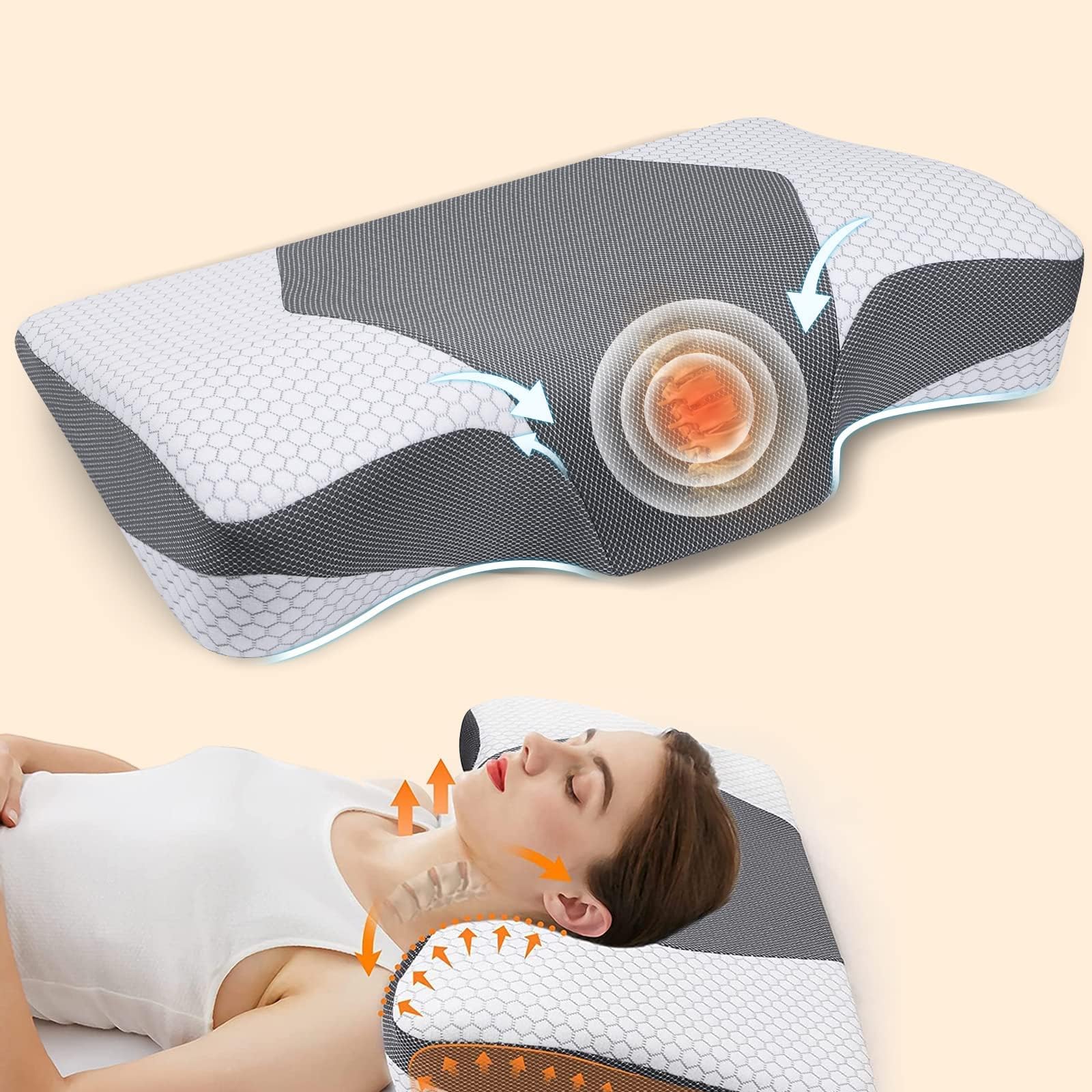 Mkicesky Cooling Memory Foam Contour Pillow, Cervical Pillow for Neck and Shoulder Pain Relief, Orthopedic Neck Pillows for Sleeping, Bed Pillow for Side, Back, Stomach Sleeper [U.S.Patent]